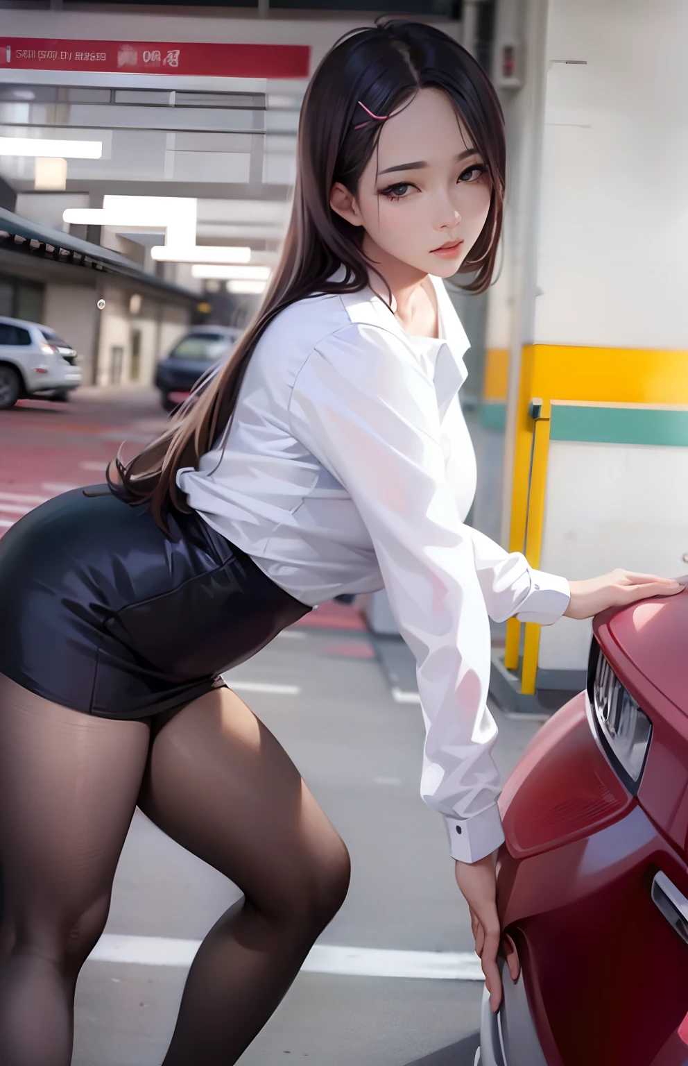 The woman leaned against the car in the parking lot, at the parking lot, in front of a garage, Sexy girl, Parking outside, Sexy pose, Very sexy, gorgeous chinese models, Japanese model, Japanese goddess, Sexy look, doing an elegant pose, trending at cgstation, Very sexy pose, Korean girl, low view, very sexy outfit