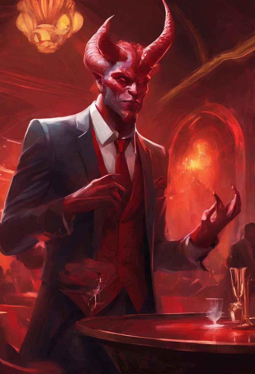 red skinned male fully horned demon wearing a suit inside of a jazz bar seductive, scary, powerful