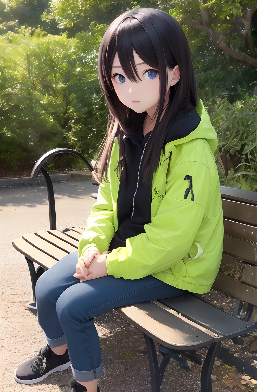 one-girl，benches，komono，quadratic element，whaite hair，Blue eyes，adolable
