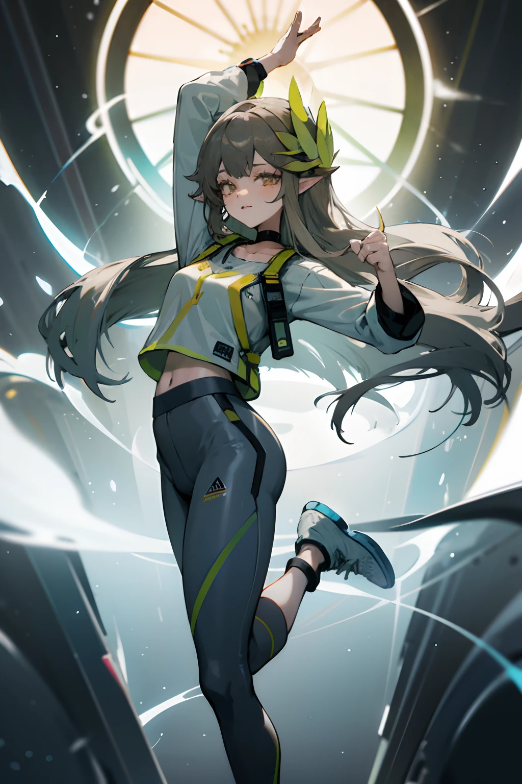 Bright colors,illumination,A girl stands in the lab,looking toward the viewer,White knee-length stockings,sporty attire,Yoga pants for,mature,sexy for,athletic sneakers