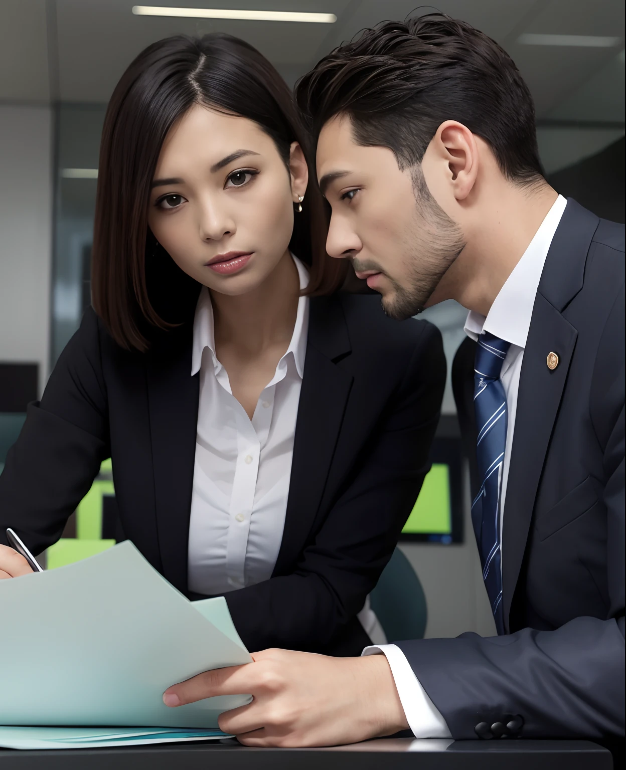 Alafed business couple looking at documents in conference room, professional, thumbnail, portrait shot, photo - shot, professional image, which are full of confidence, People at work, hr, marketing photo, skilled, Document Photos, consistent, looking partly to the left, Attractive, exceptional, Here、, professional work, business meeting, accuracy, interesting background, over the shoulder view