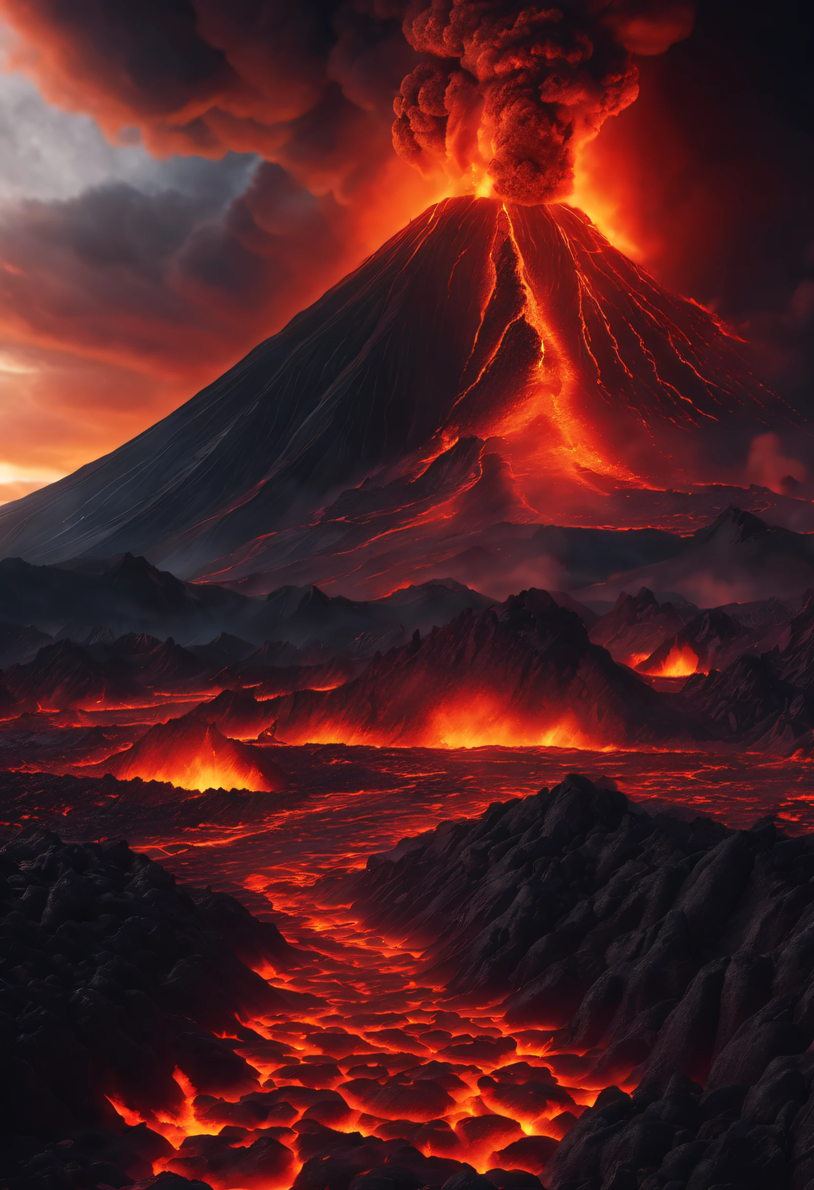 a volcano erupts，dynamic angle，Blood-red magma，Rock splashes，debris flying, and the feeling that disaster is imminent. Long lens camera angle with EE 70mm lens on the Nikon D850, Aim for high resolution, Photorealistic rendering. Ensure that the scene is highly detailed, With HDR lighting, And convey a sense of urgency and confusion.oppression