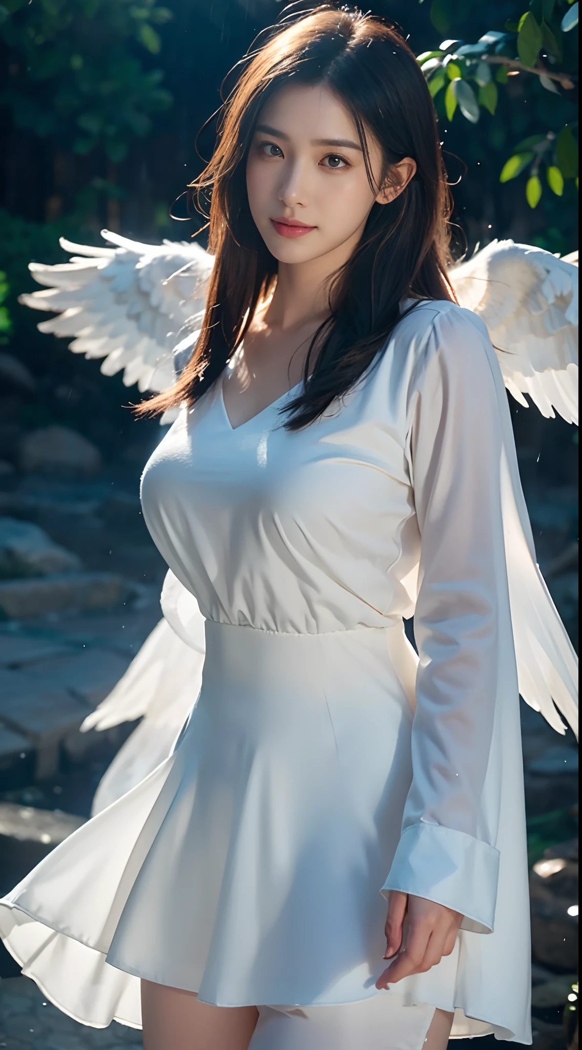 handsome angel, white goose feathers wing, olive groove, dusk, glowing eyes, finno-ugric hunk, biological tendrils constricting body, heavy thick gel rain, close up, photorealistic, hyperrealism, DSLR, HDR, ray tracing, cell shading, vray, unreal engine, professional photography, looking_at_viewer, Smiling, Melancholic
