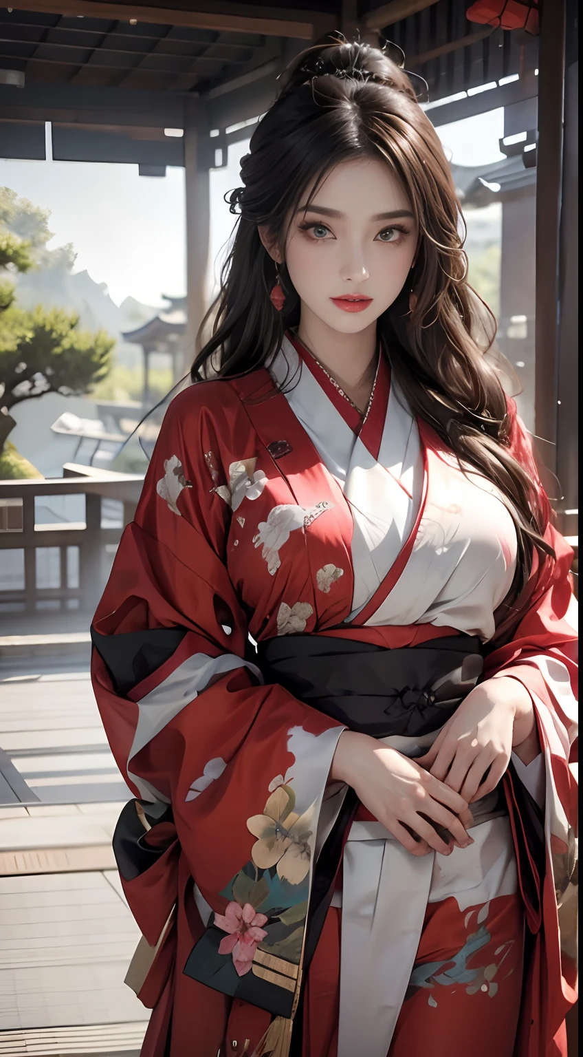 Traditional buildings of Japan、wearing red kimono、Unreal Engine:1.4,nffsw,best qualtiy:1.4, Photorealista:1.4, Skin Texture:1.4, masterpiece:1.8, 1 Women, hips up high, beautidful eyes, The long-haired, Kimono