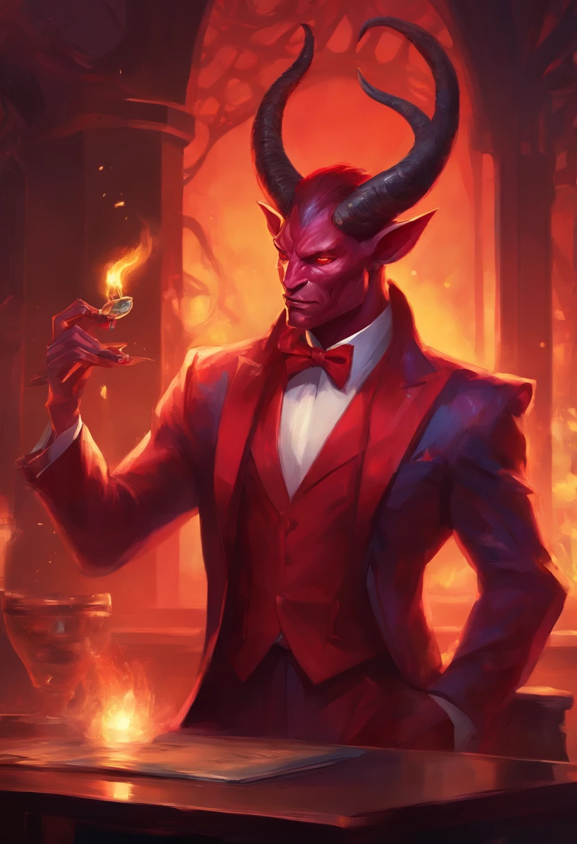 red skinned male fully horned demon wearing a suit, smoking a cigar inside of a jazz bar seductive, scary, muscular powerful