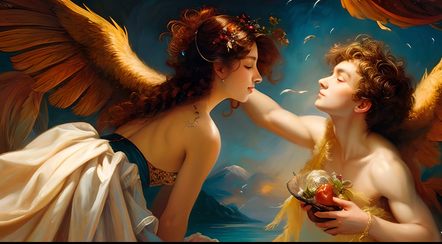 an oil painting、Oil painting、lovemaking、both sexes、Beautuful Women、renaissance、rokoko、𝓡𝓸𝓶𝓪𝓷𝓽𝓲𝓬、barroco、Angels are flying