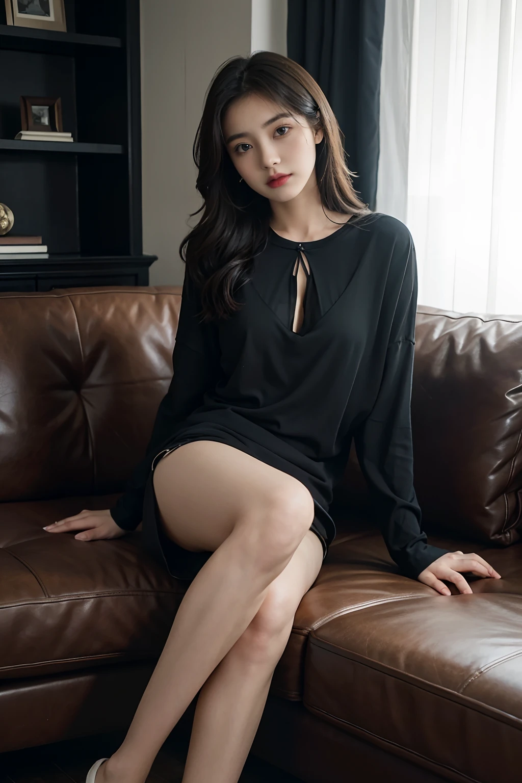 1girll,Sit on a comfortable sofa,Cross ed leg,Complete clothes，Soft light，blacksilk，Sexy look