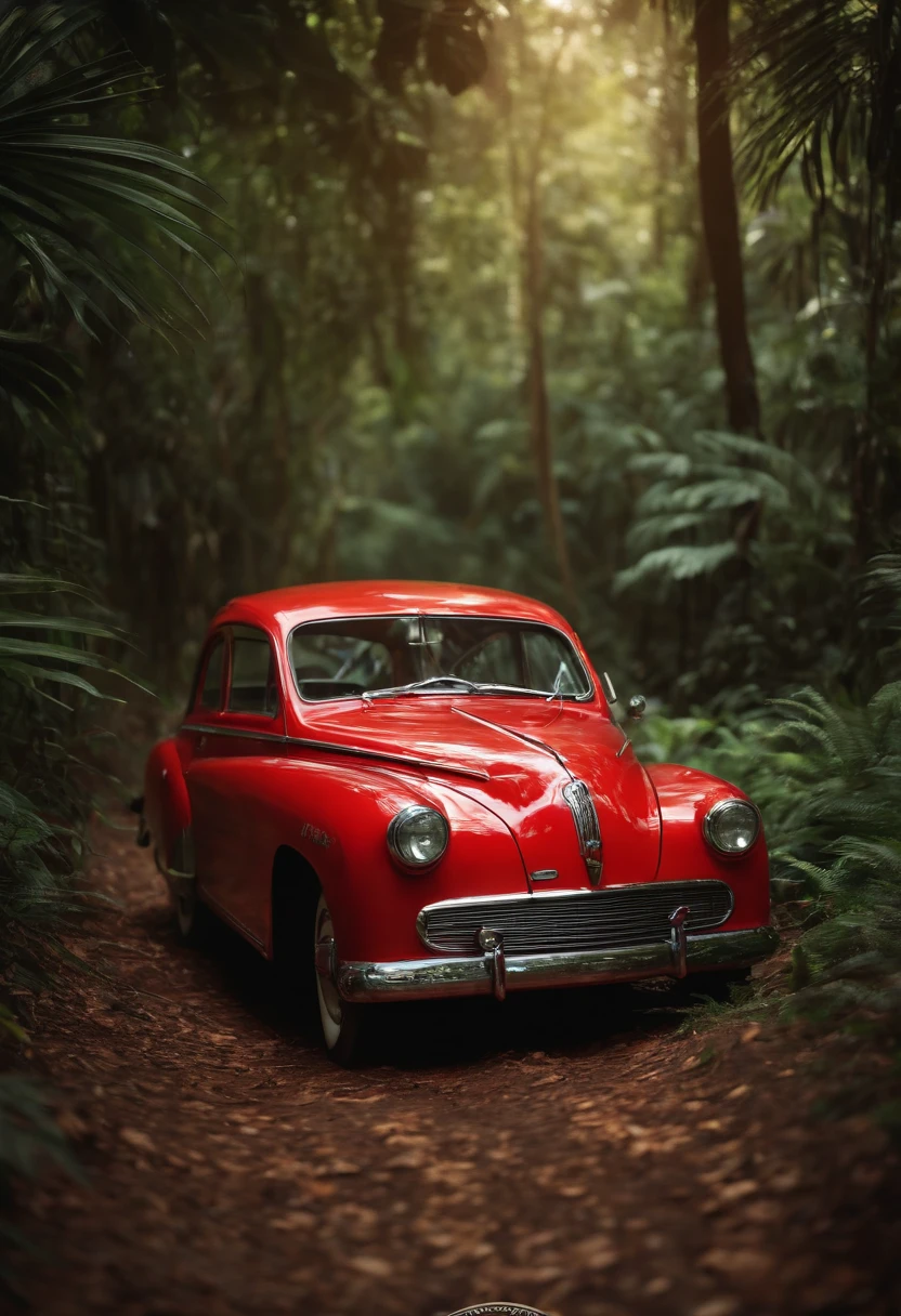 red car, retro style, in jungle, photography, highly detailed