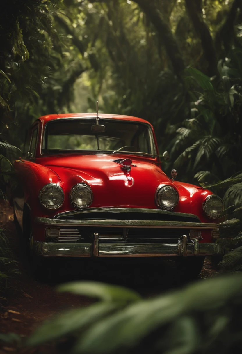 red car, retro style, in jungle, photography, highly detailed