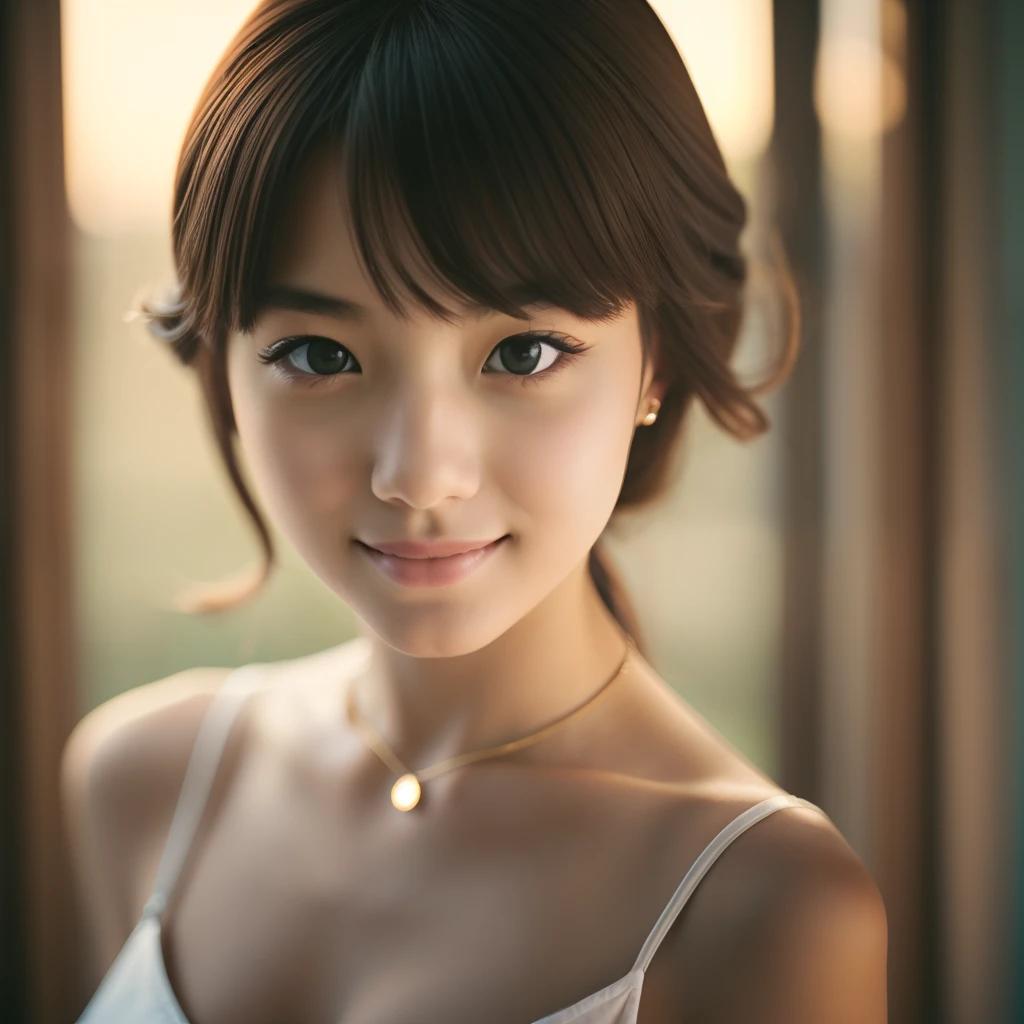 1girl, idol, close-up,  collarbone, ,, photo, film, depth of field, smile, model, window, looking at viewer, --auto --s2