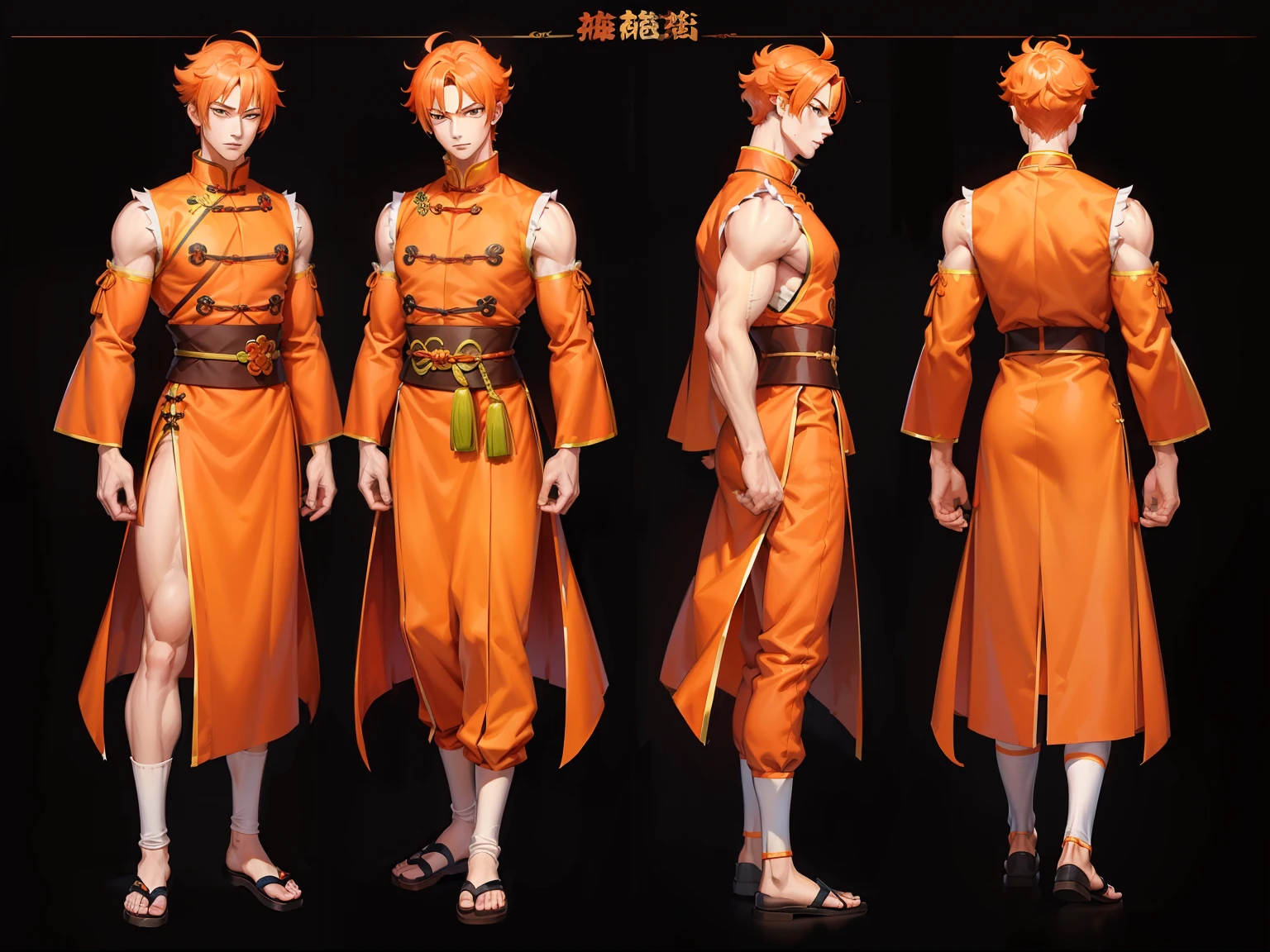 ((Masterpiece, Highest quality)), Male, boy, Detailed face, character design sheet,full body esbian, Full of details, frontal body view, back body view, Highly detailed, Depth, Many parts, Muscle boy with long orange hair,handsome man, vampire outfit clothes, Genshin Impact, man tall, pectoral muscles, abs