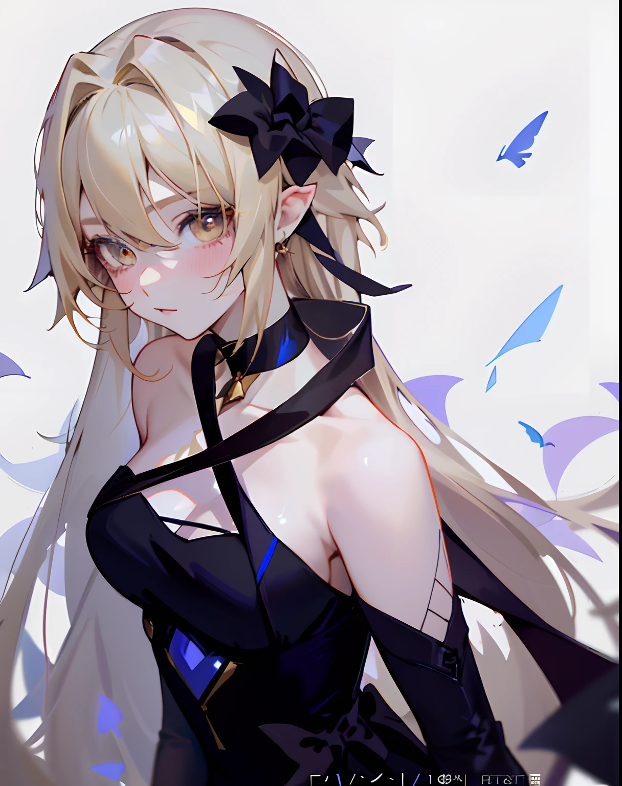 anime girl with long blonde hair and black dress with blue bow, 1girl, female focus, solo, lumine (genshin impact), genshin impact fanarts, zerochan art, kda, anime artstyle, digital art on pixiv, made with anime painter studio, anime waifu in a nice dress, beautiful anime girl, anime girl wearing a black dress, blonde anime girl with long hair, golden eyes