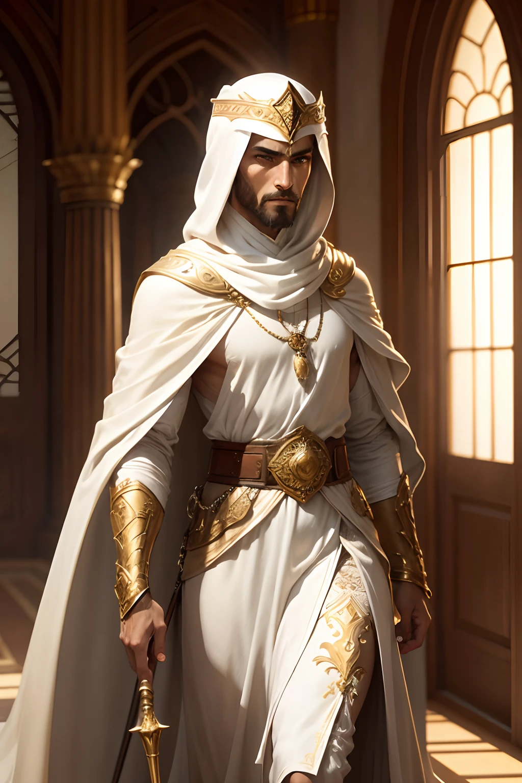 Concept Art (Masterpiece: 1.5), Intricate Detail, Highly Detailed, Photorealistic, Best Quality, High Resolution, Cinematic Quality, Humanoid, Arabian Falcon (Fantasy Art, Masterpiece, Best Quality) Arabian Falcon, Humanoid, ( Fantasy Art, Masterpiece, Best Quality) Arabian Sheik, with short brown hair, green eyes, (Fantasy Art, Masterpiece, Best Quality) holding a golden staff and wearing a white cloak in the hall of a splendid room