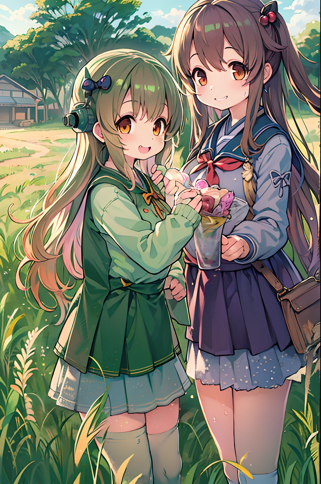 Anime image of two girls in a field with long hair, Anime Girls, two beautiful anime girls, official artwork, anime style 4 k, Official art, anime moe art style, Twin-tailed, guweiz and makoto shinkai, Kantai Collection Style, a-1 pictures, artgerm and atey ghailan, in style of kyoto animation,huge smile