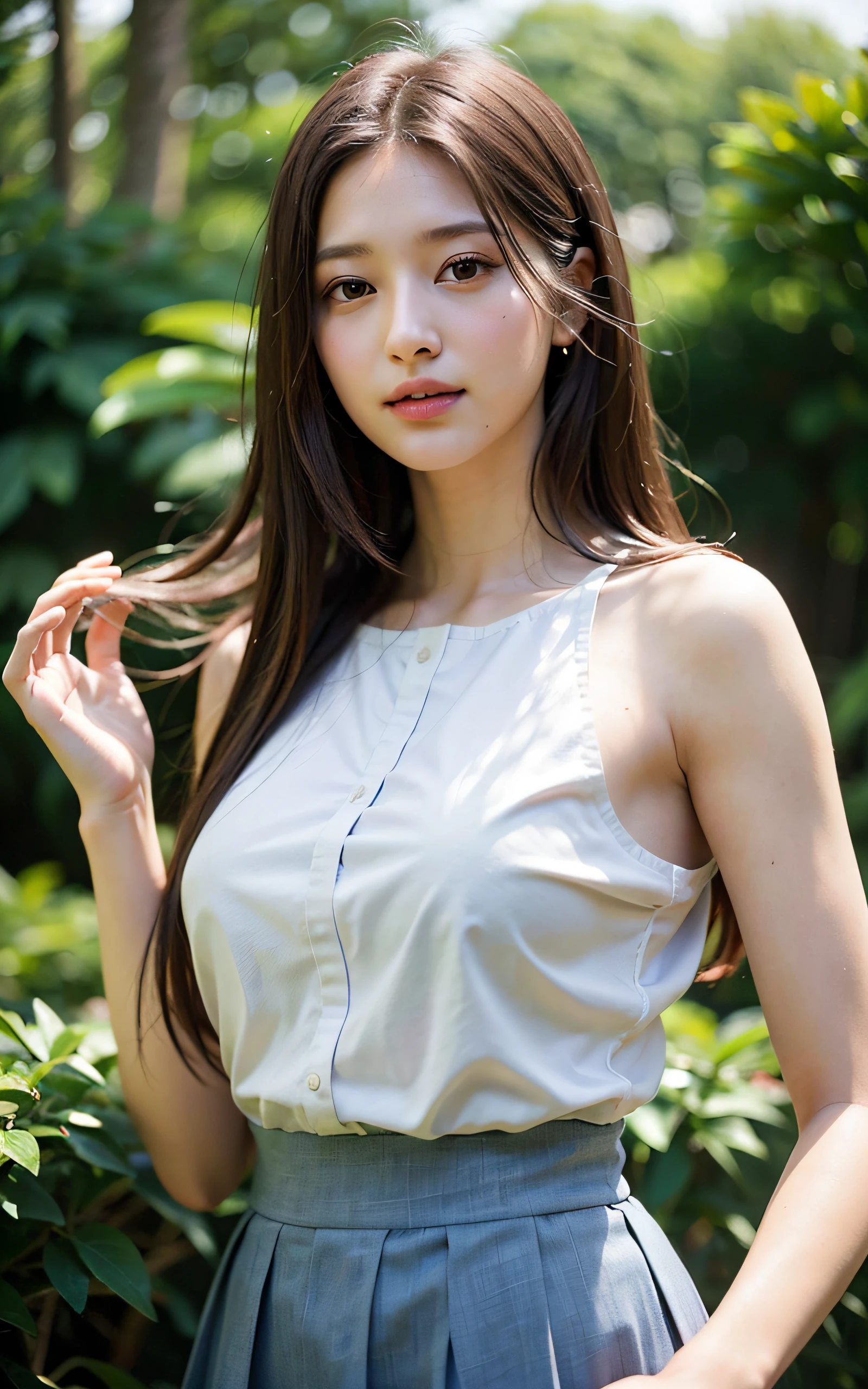 Shoulder-length straight hair swaying in the wind + dress shirts, Skirt,
(Raw photo, Best Quality), (Realistic, Photorealsitic:1.3), masterpiece, Extremely delicate and beautiful, Soft light, (Brown hair, Shoulder-length straight hair swaying in the wind), Beautiful detailed girl, (Detailed fingers), extremely detailed eye and face, beautiful detailed nose, Beautiful detailed eyes, 1 girl, Japanese, Neat and clean beauty, Cute, 年轻, Smile, dress shirts, Skirt, (Half body:1.3), (medium breasts), Realistic face, Realistic body, Outdoors