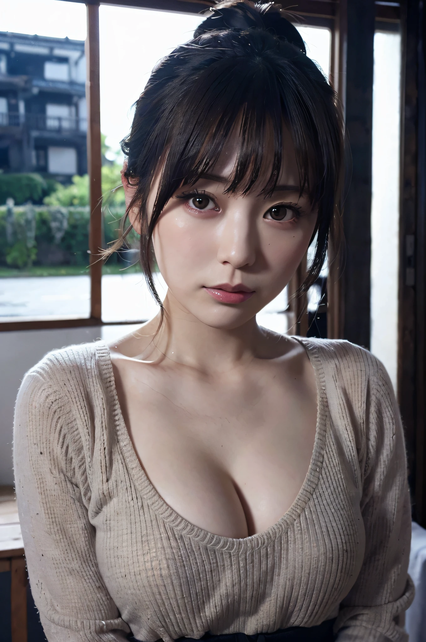 ((masutepiece)), ((Best Quality)), (Ultra-detailed), ((Extremely detailed)), 4K, (8K), Best Quality, (Beautiful), sweater,posing,large breasts,cute face,big eyes,cool face,ponytail,looking at viewer,indoor,night,dark room,masterpiece, extremely fine and beautiful,photorealistic,Japanese