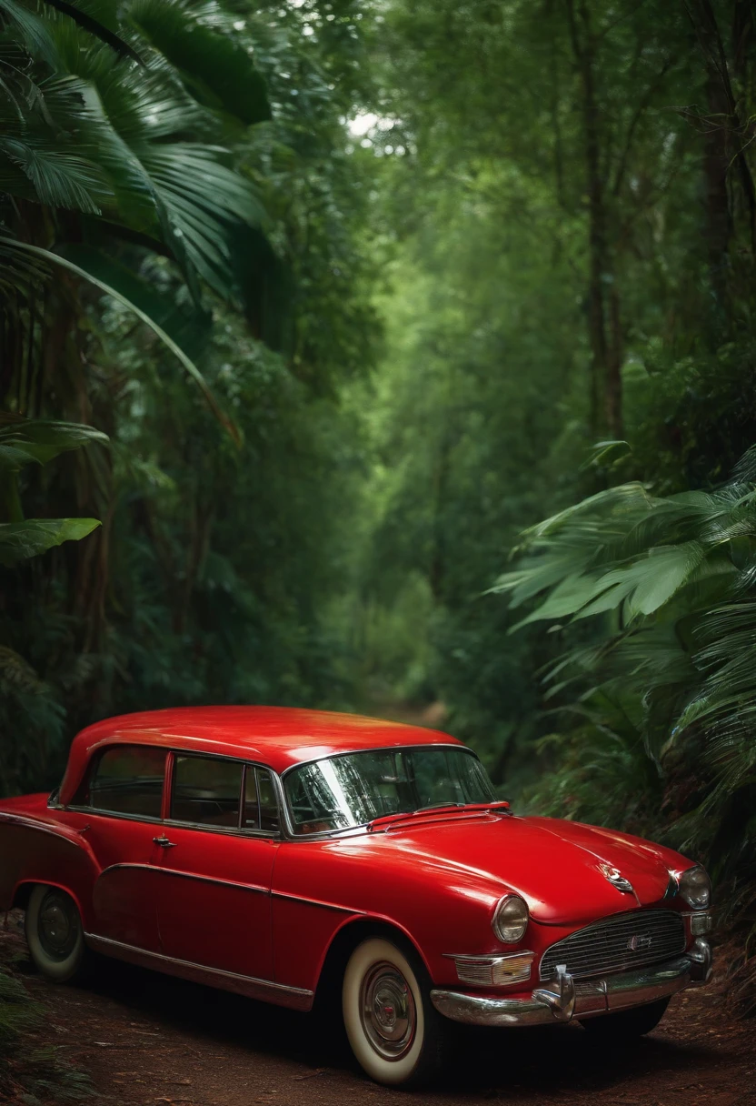 red car, retro style, in jungle, photography, highly detailed, Ebru