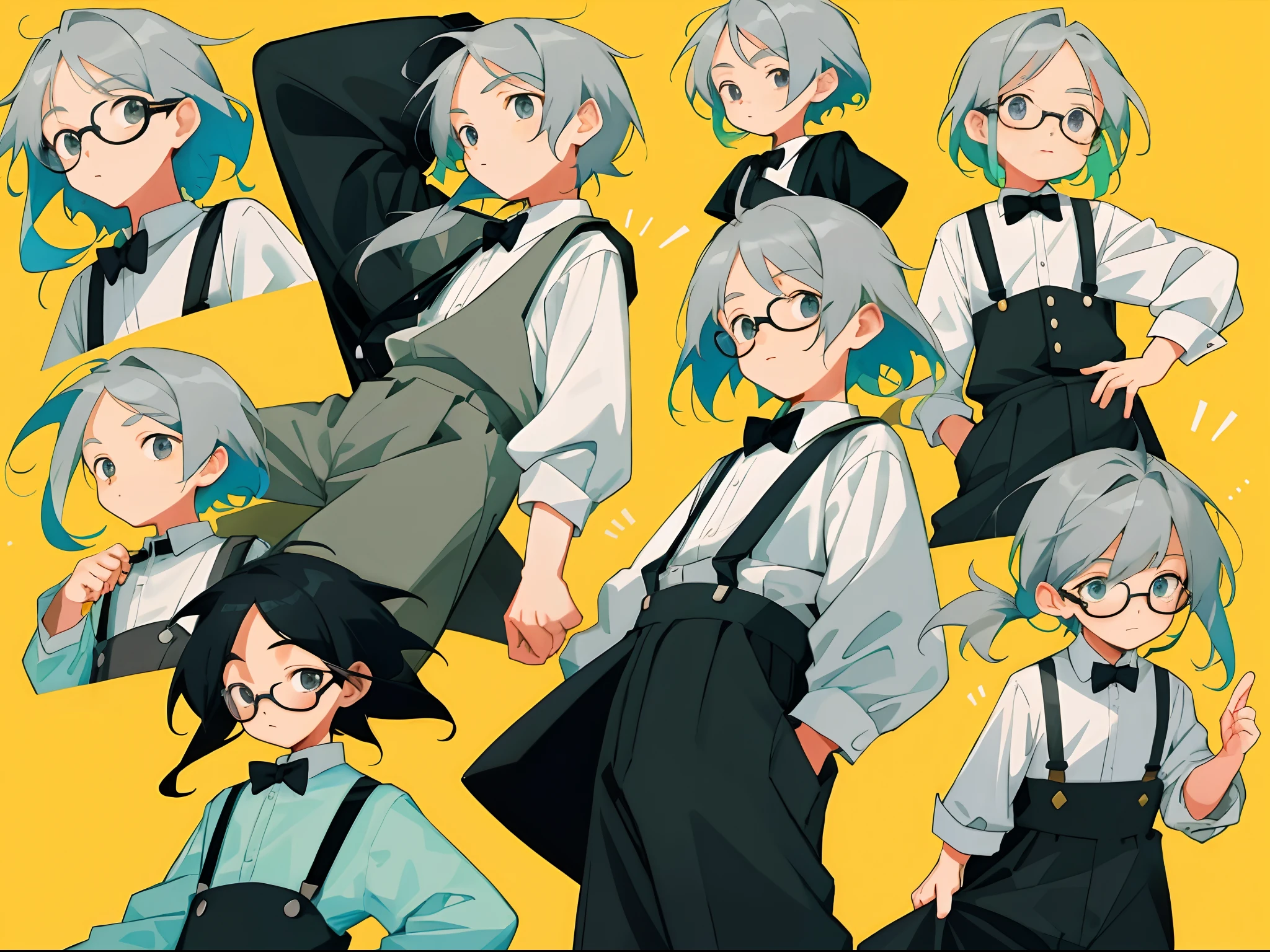 younge boy，multiple postures and expressions，Children's book illustration style，، simple，adolable，full-color，Black suspenders，eye glass，Long gray hair，flatcolors，