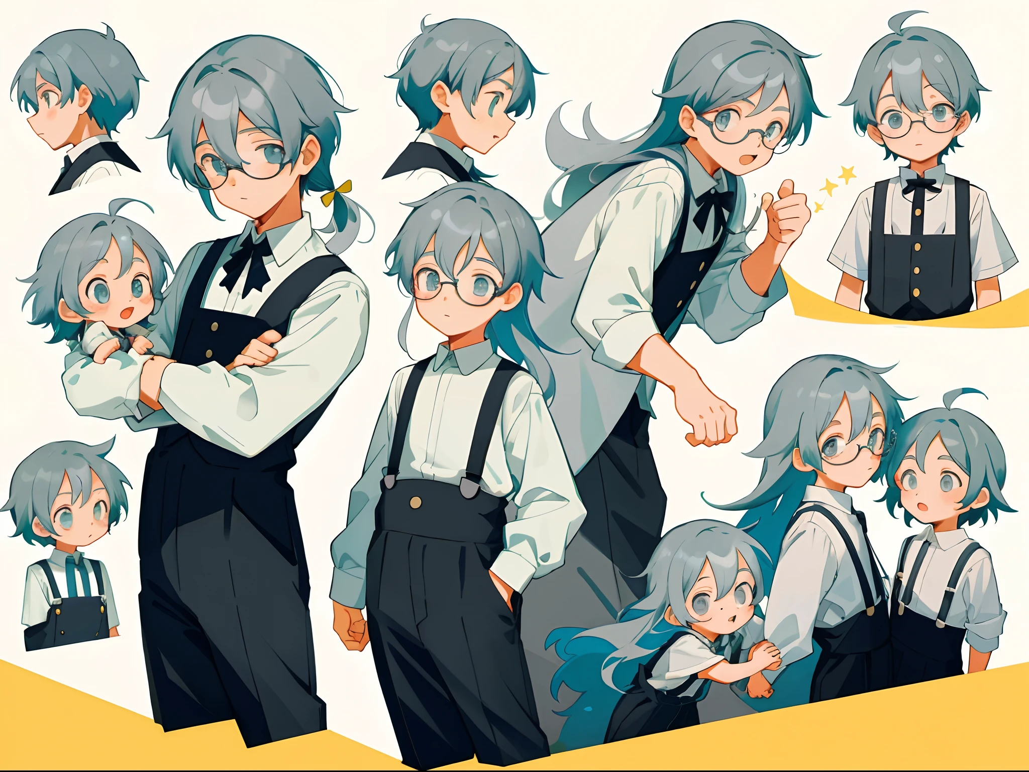 younge boy,multiple postures and expressions,Children's book illustration style,، simple,adolable,full-color,Black suspenders,eye glass,Long gray hair,flatcolors,