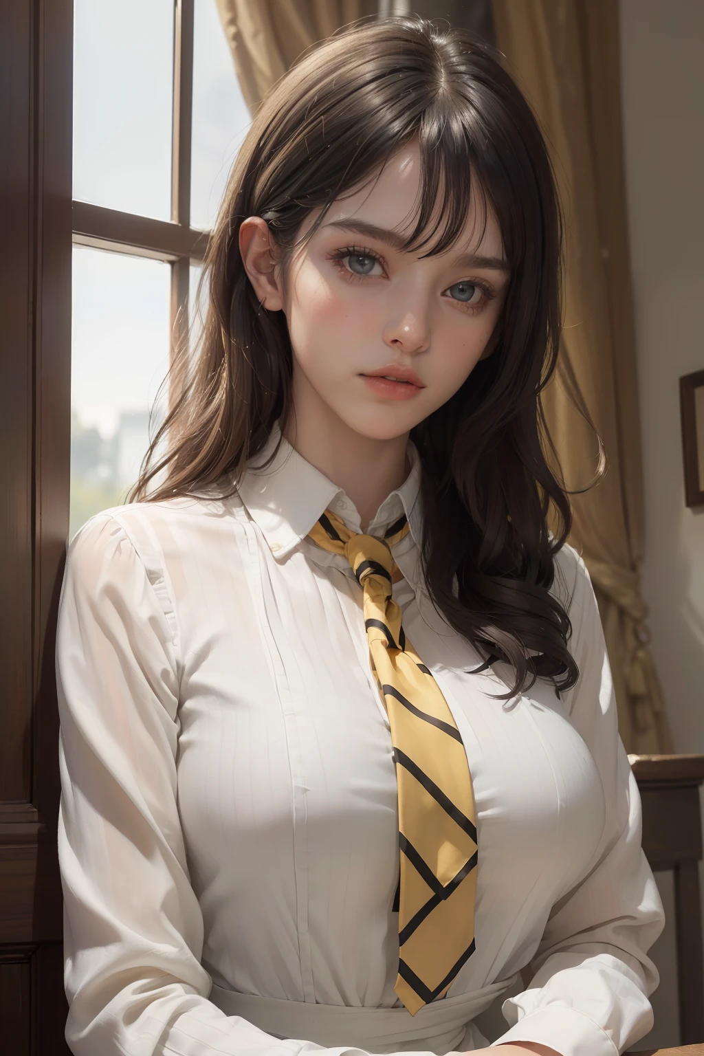 (masterpiece, best quality, high resolution:1.4),(Raw photography, top-quality, masterpiece, extremely delicate and beautiful, ighly detailed, nffsw, Unity, 8K Picture Wallpaper, amazingly detail, detaile, masterpiece, top-quality, Official art, Highly detailed ticker Unity 8k wallpaper, ultra-detailliert, hight resolution, ighly detailed, Clair, Focus,)(top-quality), (realisitic, Photorealsitic:1.5), (8K, Soft lighting, hightquality, lighting like a movie), 1girl, pretty, beautiful, skin pores texture, HD , Photography, movie, cinematic, portrait, Realistic, (8k, RAW photo, best quality, masterpiece:1.2), (realistic, photo-realistic:1.33), best quality, (detailed dark eyes), (white shirt), (yellow and black striped tie), (dark hair),((hair style: French twist)), ((curly bangs)),((curtain bangs)), (16 years old),(long sleeves), (beautiful), (pretty), portrait,(background: Hogwarts), bust up, detailed and realistic portrait of a girl, (fragile), (sunset light), (dim light), (Brazilian), (extremely beautiful ), (cold look), (Caucasian), (cold stare), pride