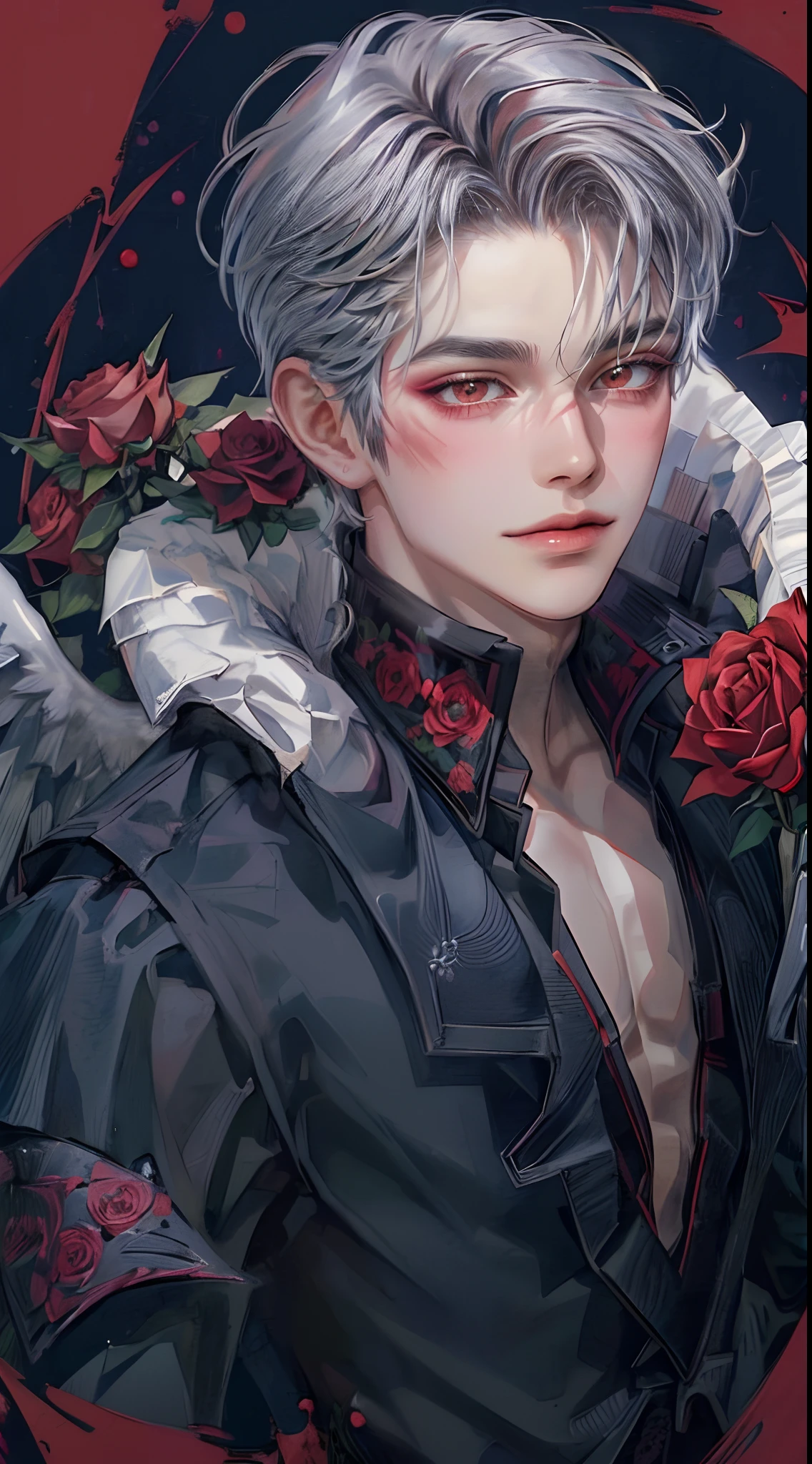 ((4K works))、​masterpiece、（top-quality)、((high-level image quality))、((One Beautiful Fallen Angel Man))、Slim body、((Vampire Black Y-Shirt Fashion))、(Detailed beautiful eyes)、((Red roses and crows on fantastic black background))、Inside the Evil Castle、((Face similar to Chaewon in Ruseraphim))、((short-haired))、(((bright silver hair)))、((Smaller face))、((Neutral face))、((Red Eyes))、((Korean Male))、((18year old))、((wild boy))、((Bad look))、((Show your teeth and smile))、((Korean makeup with black eyeshadow))、((elongated and sharp eyes))、((Shot alone))、((Fallen angels))、Photos of fallen angels、Villain、Dark Proof、((Shot diagonally from the side))、Fallen Angel Pose