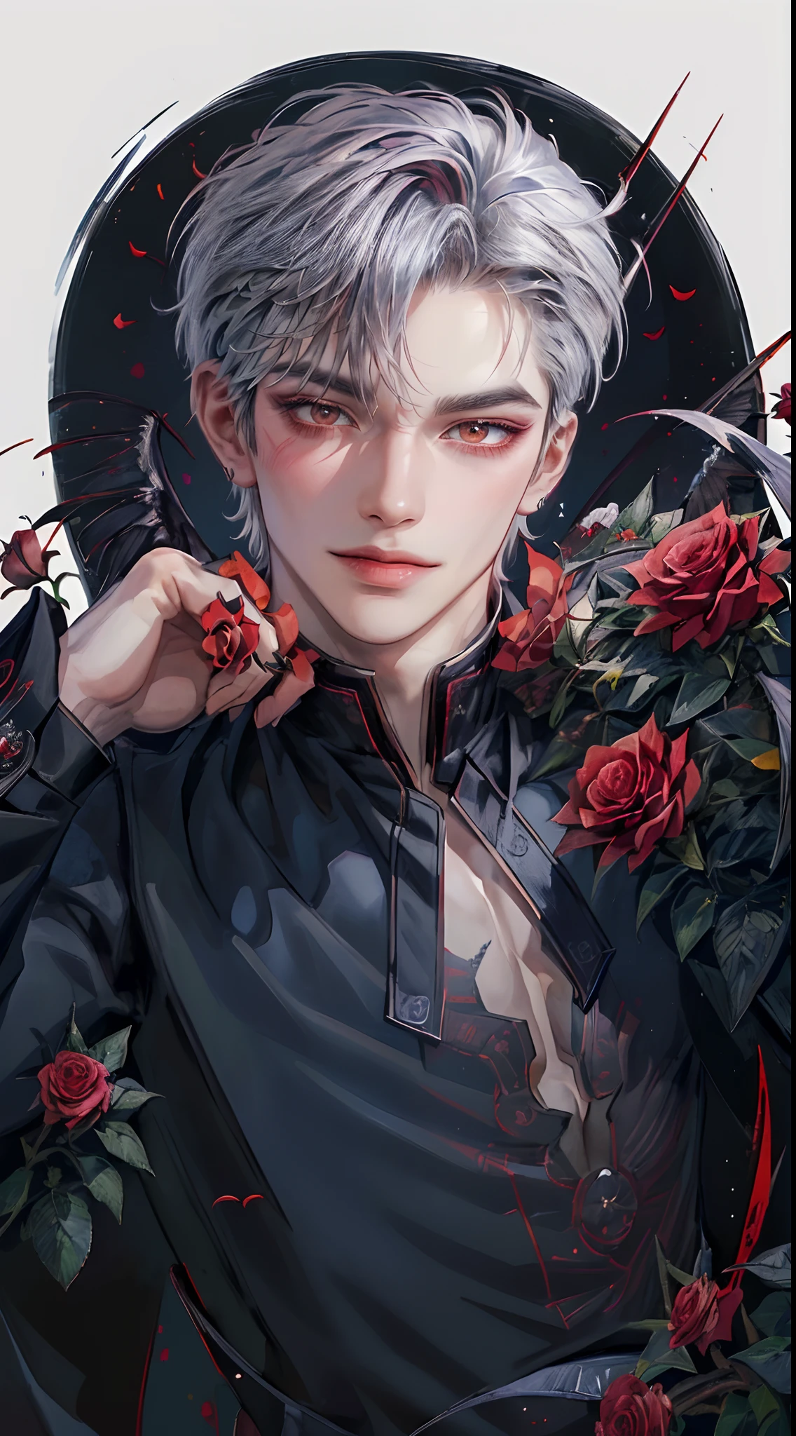 ((4K works))、​masterpiece、（top-quality)、((high-level image quality))、((One Beautiful Fallen Angel Man))、Slim body、((Vampire Black Y-Shirt Fashion))、(Detailed beautiful eyes)、((Red roses and crows on fantastic black background))、Inside the Evil Castle、((Face similar to Chaewon in Ruseraphim))、((short-haired))、(((bright silver hair)))、((Smaller face))、((Neutral face))、((Red Eyes))、((Korean Male))、((18year old))、((wild boy))、((Bad look))、((Show your teeth and smile))、((Korean makeup with black eyeshadow))、((elongated and sharp eyes))、((Shot alone))、((Fallen angels))、Photos of fallen angels、Villain、Dark Proof、((Shot diagonally from the side))、Fallen Angel Pose