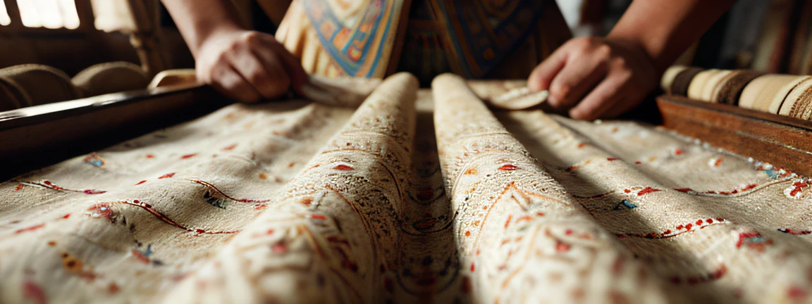 (by AI-generated: 1.2), (masterpiece), (best quality), extremely delicate and beautiful, illustration, (Egyptian silk factory), A captivating illustration of an Egyptian silk factory, showcasing the essence and brand message of SaharaFil Enterprises. (ancient looms, skilled artisans, silk production), inspired by the rich history and craftsmanship of Egypt, 8K post-production, high resolution, highly detailed, depth of field, HDR, intricate