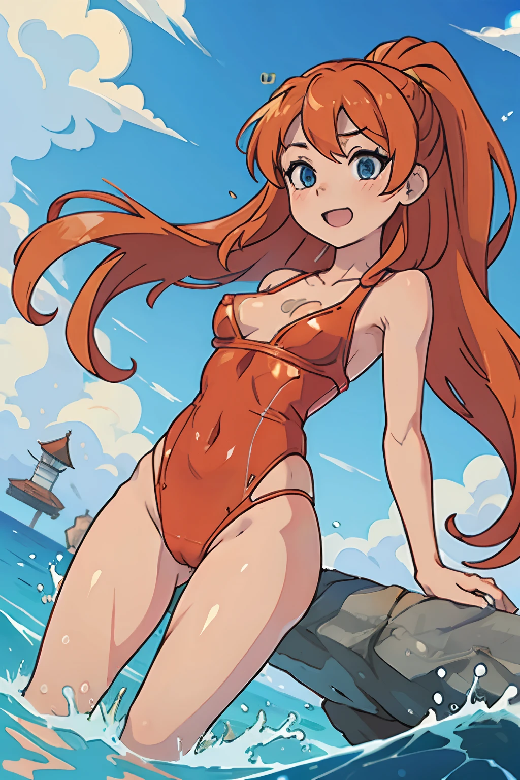 ((masterpiece)), (4k), ((Hentai))
Ocean in background, model in shallow ocean water,
BREAK
((asuka langley model)), NSFW, petite body, small breast, long flowing wet orange hair, white wet see through two piece see through bathing suit, boob jiggle AND physics, erect nipples through swimming suit, camel toe
BREAK
((Playing in water)), happy expression