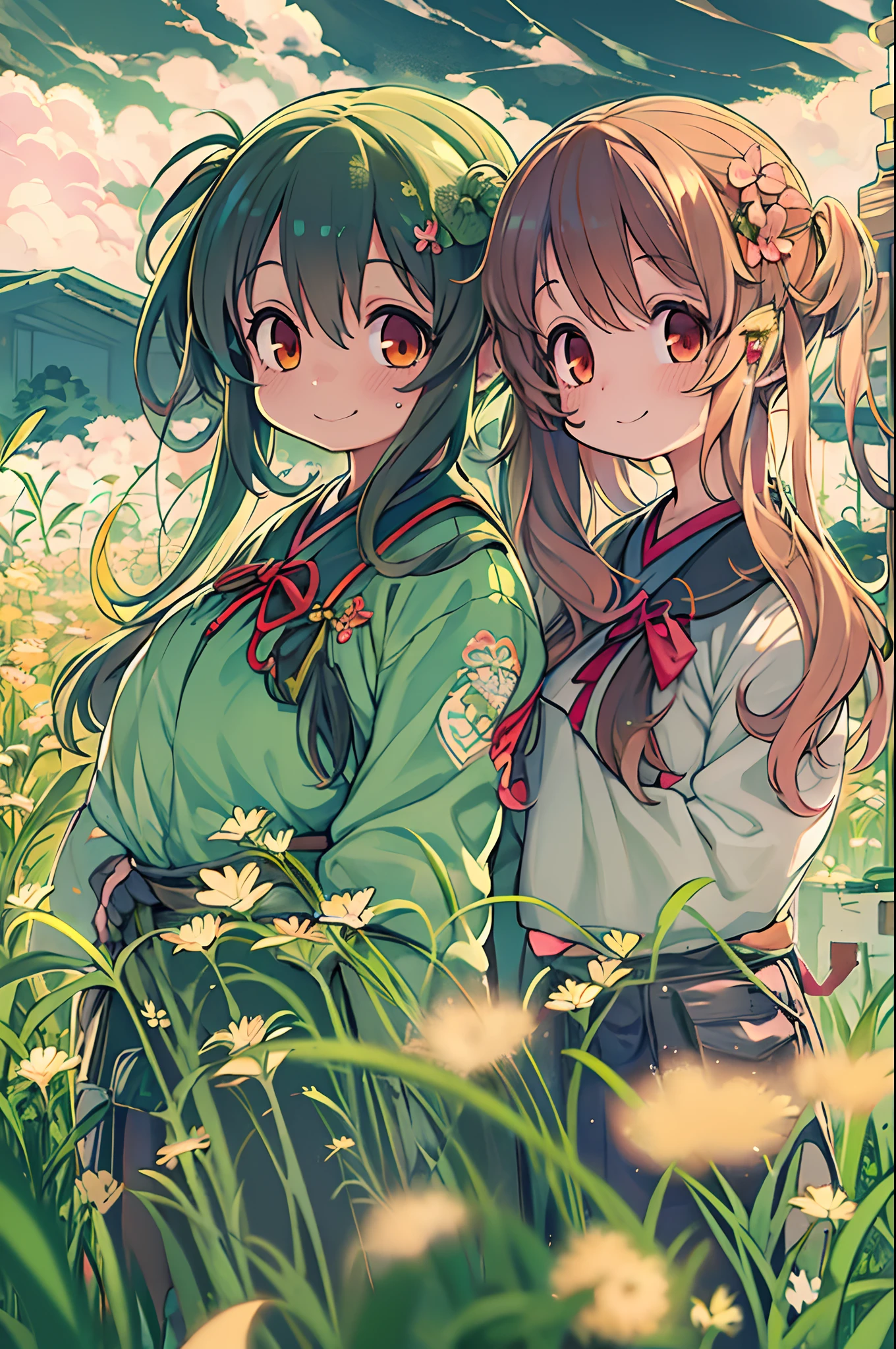 Anime image of two girls in a field with long hair, Anime Girls, two beautiful anime girls, official artwork, anime style 4 k, Official art, anime moe art style, Twin-tailed, guweiz and makoto shinkai, Kantai Collection Style, a-1 pictures, artgerm and atey ghailan, in style of kyoto animation,huge smile