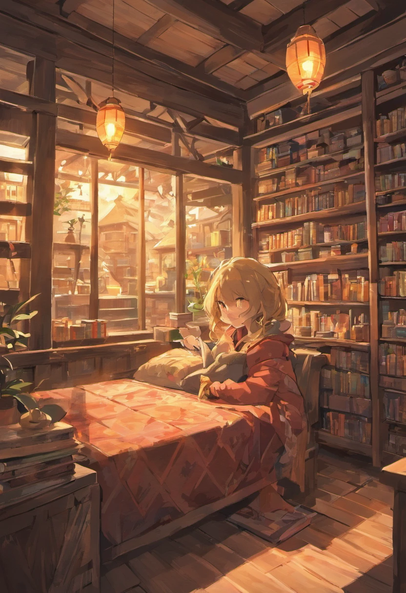 There is a living room，There are a lot of books on the shelves, Cosy café background, Cosy place, Cosy environment, Designed for a cozy aesthetic, relaxing concept art, Cozy house background, Cozy ambiance, Pleasant and cozy atmosphere, Highly detailed scenarios, Multi-dimensional cozy tavern, cozy and peaceful atmosphere, Cozy living room background, Cosy environment, Cozy ambiance, hyper-detailed environment