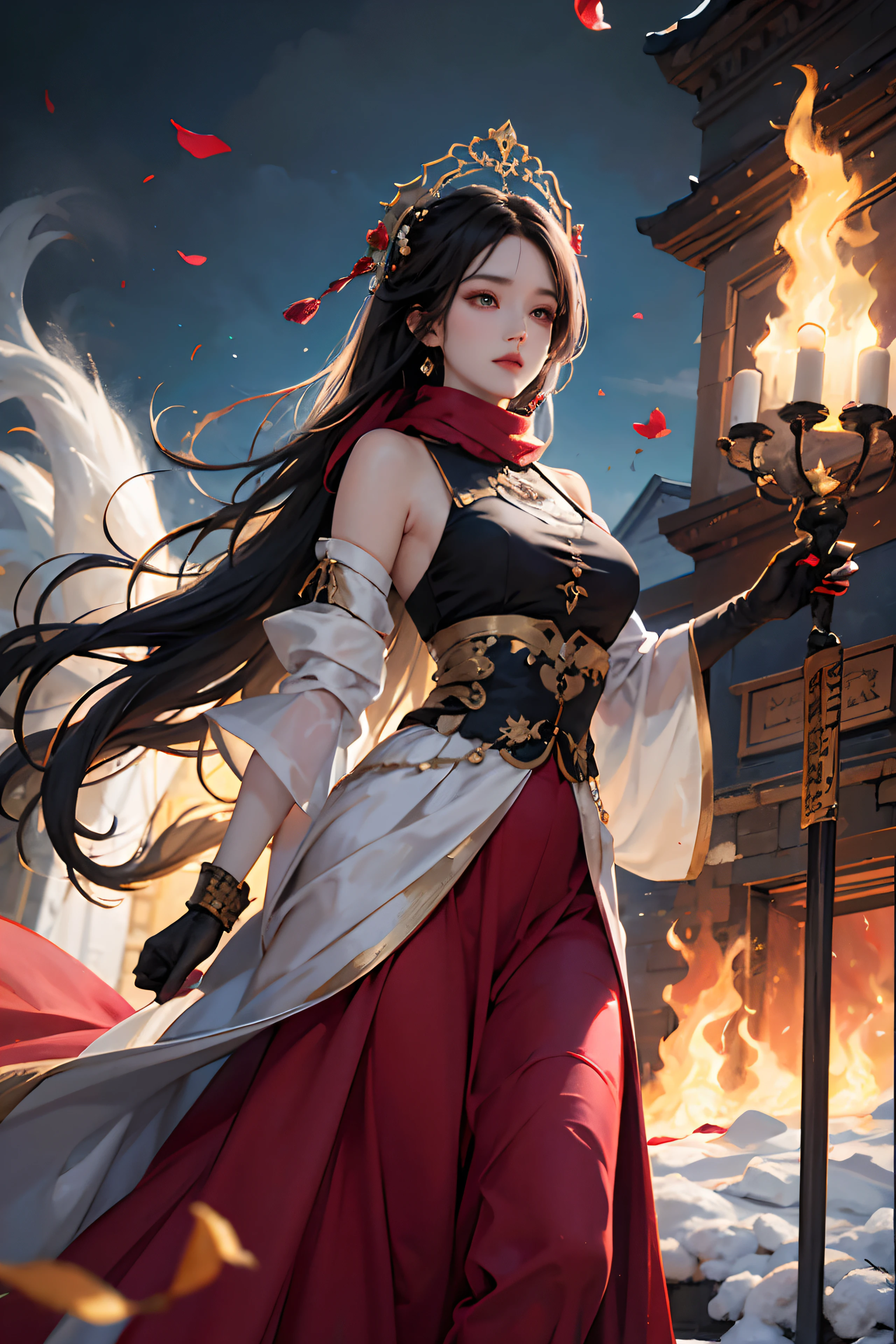 32K（tmasterpiece，k hd，hyper HD，32K）Long flowing black hair，ponds，zydink， a color， Xuzhou people （Seduce girls）， （Red scarf in the snow）， Combat posture， looking at the ground， Carp pattern headdress， Chinese long-sleeved silver cheongsam， （Abstract gouache splash：1.2）， perfect eyes, ancient palace in flame，Tulips flying（realisticlying：1.4），jewelry, Fallen leaves flutter，The background is pure， A high resolution， the detail， RAW photogr， Sharp Re， Nikon D850 Film Stock Photo by Jefferies Lee 4 Kodak Portra 400 Camera F1.6 shots, Rich colors, ultra-realistic vivid textures, Dramatic lighting, Unreal Engine Art Station Trend, cinestir 800，see-through transparent clothes, fire magic, (((big fire))), ((long skirt)), smokes, sparkles