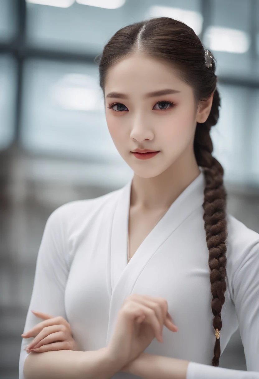 A classical beauty in pure white gymnastic uniform, Shanghai, with two thin twisted braids, soft appearance, beautiful clear eyes, black pupils, exquisite necklace and earrings, inside the gymnasium, the ultimate in detail, beautiful feet, as photo-realistic!