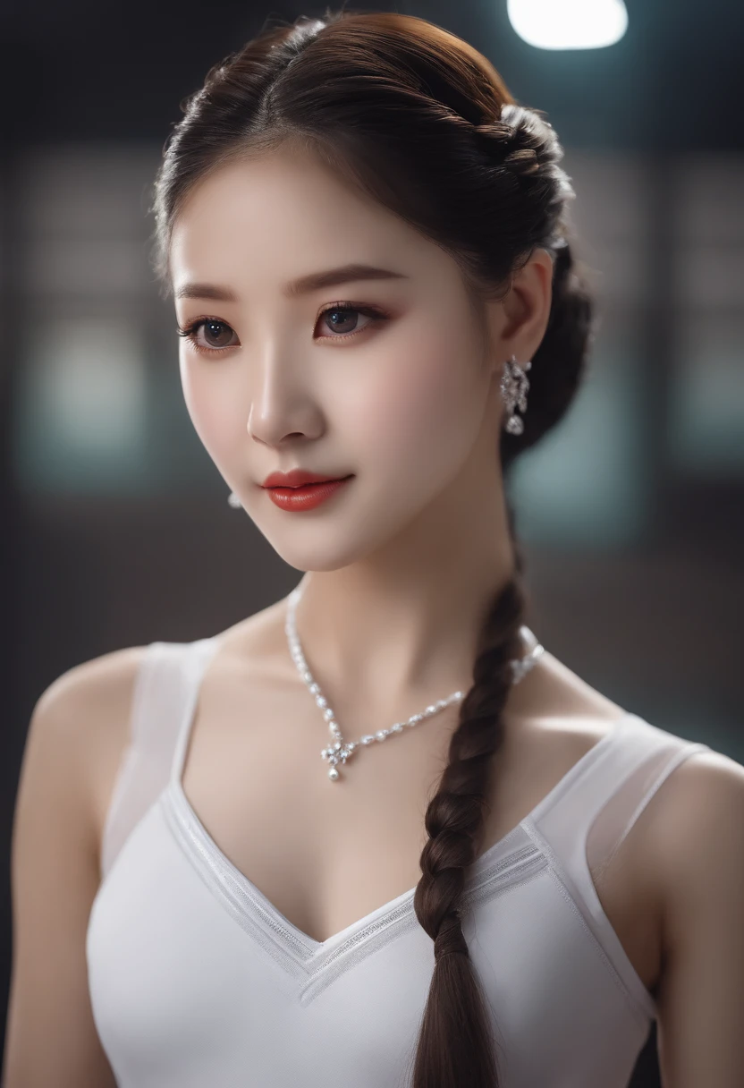 A classical beauty in pure white gymnastic uniform, Shanghai, with two thin twisted braids, soft appearance, beautiful clear eyes, black pupils, exquisite necklace and earrings, inside the gymnasium, the ultimate in detail, beautiful feet, as photo-realistic!