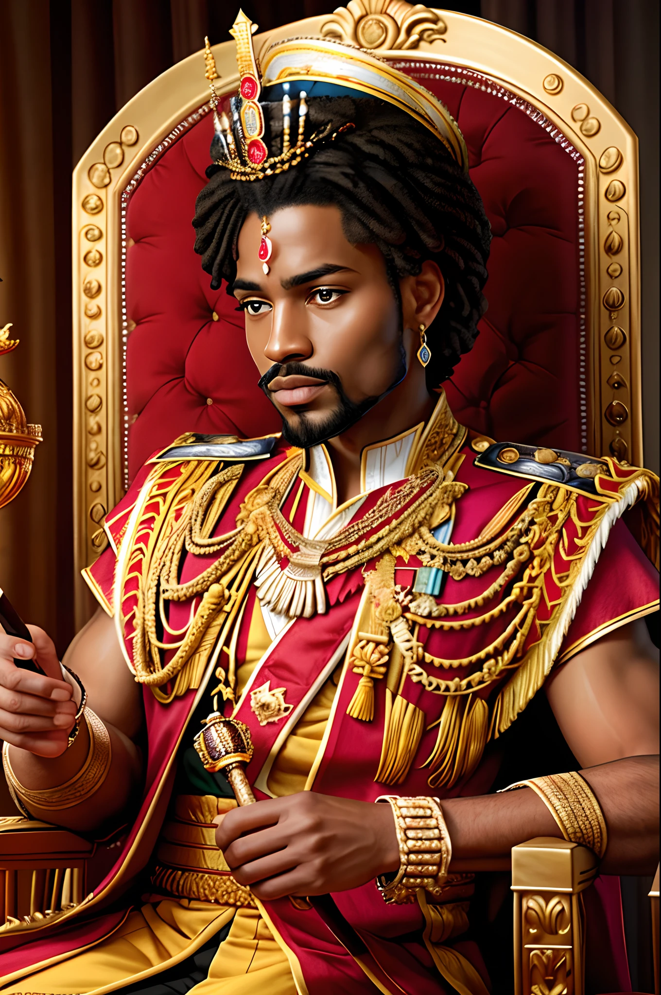 "African Royalty in 8K" - Create an awe-inspiring 8K photograph capturing the regal presence of an African king. Showcase the king dressed in opulent, intricately detailed attire, holding a scepter of authority. Use the Unreal Engine to bring out the utmost detail and realism in the image, making the viewer feel as if they are in the presence of royalty. The lighting should be dramatic, emphasizing the king's majestic aura, Photography, utilizing state-of-the-art techniques and equipment to create a highly detailed 8K photograph of the African king, --ar 16:9 --v 5