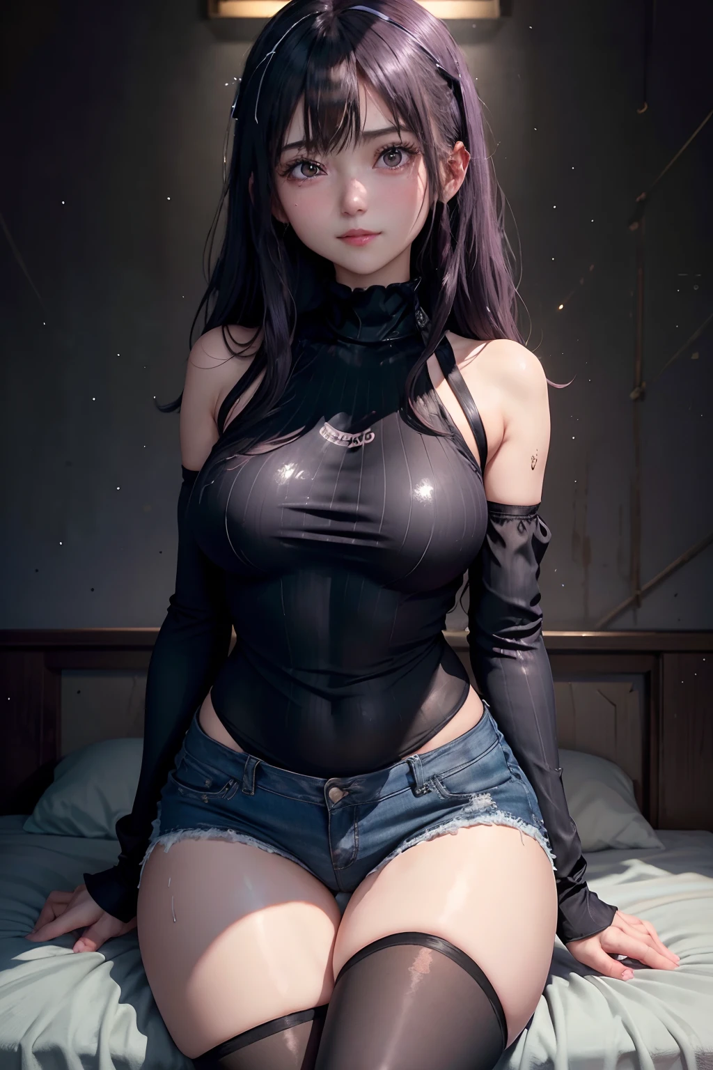 Jersey material is cotton、A slight smil、Transcendent beauty、Dark Gothic Makeup、Sweat glitters on my face、Sweat glitters on my thighs、The whole body is shiny with sweat.、Long hair straight hair、Purple hair、Transcendent cute face、Sit up、a bed、sprawl、Dark black knee-high socks、Dark Black Thigh Socks、Dark blush、masutepiece、8K、dark black eye shadow、24 year old、wretched、Sticky shiny thighs、Sweat a lot all over your body、chies、Too large tops、Sweat shining generously on the thighs、A smile、Smile、Underwear black、Transcendent Denim Short、Denim length super short、Mini Hot Pants、Tight denim、Slender system、Stained glass background、boredom、Sad face、Sweat glitters on my face、Stop Close-up、Wearing a black bra、Slender figure、Bust size is C cup、.3D、Wear the Adidas jersey、Intoxication、closing eye、Panting look、Bring your hand to your crotch、