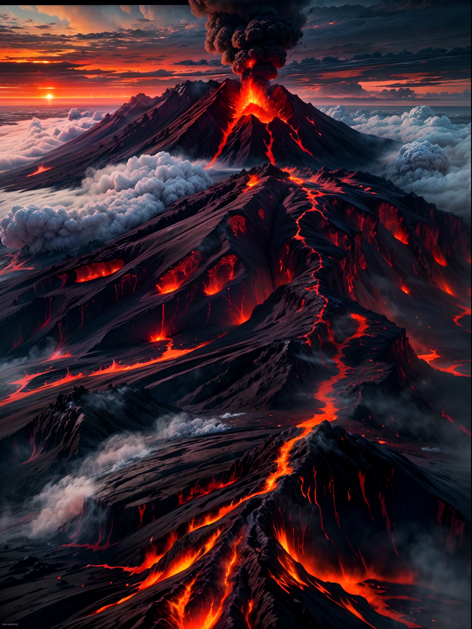 (Best quality,4K,8K,A high resolution,Masterpiece:1.2)。wallpaper hd，The power of nature。（Close-up of volcanic island：volcano exploding，Lava eruption，Smoke rises into the air，Ominous clouds，Red volcanic magma flowing in the fissure，Liquid magma，A large amount of liquid magma）