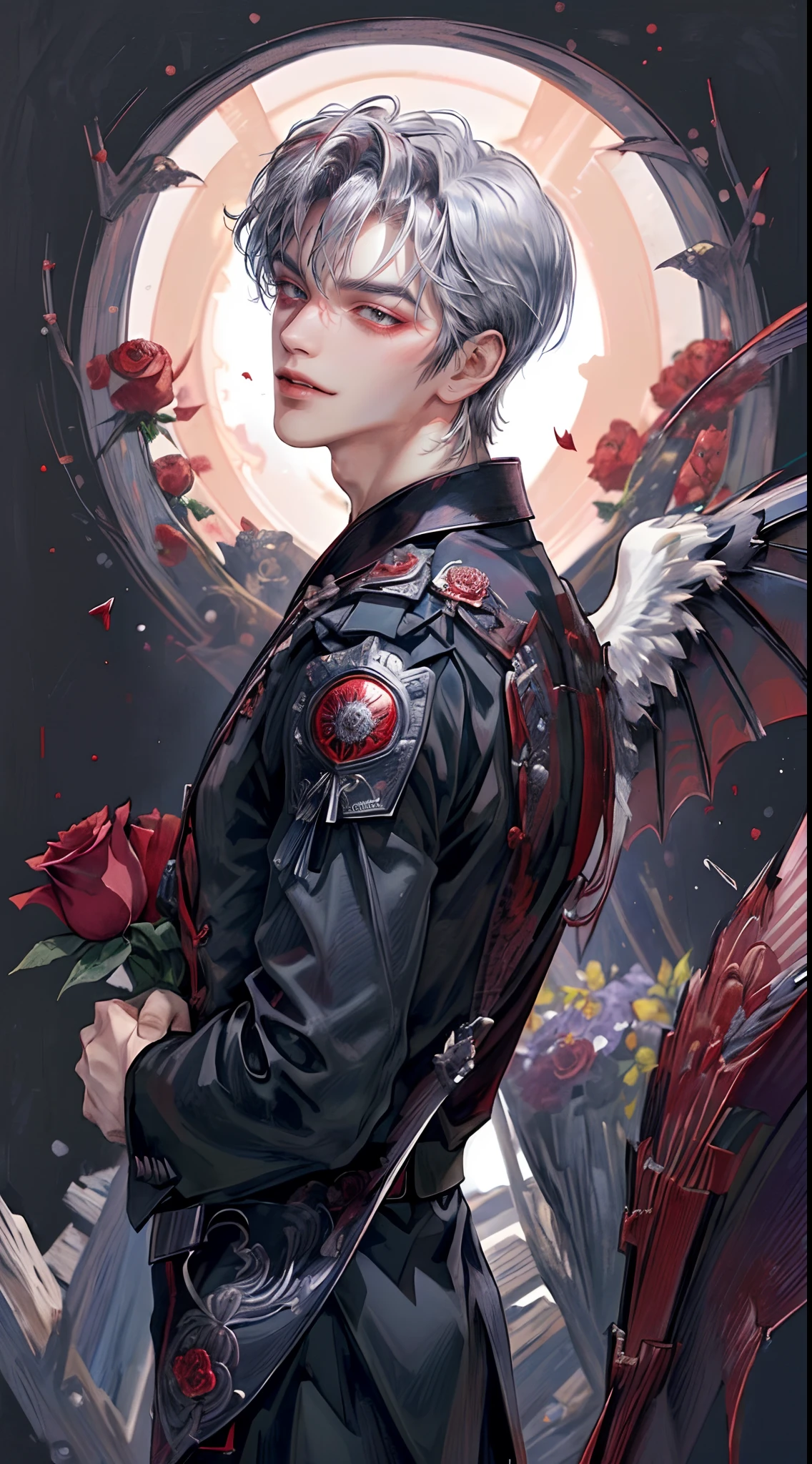 ((4K works))、masterpiece、(top-quality)、((high-level image quality))、((One Beautiful Fallen Angel Man))、Slim body、((Vampire Black Y-Shirt Fashion))、(Detailed beautiful eyes)、((Red roses and crows on fantastic black background))、Inside the Evil Castle、((Face similar to Chaewon in Ruseraphim))、((short-haired))、(((bright silver hair)))、((Smaller face))、((Neutral face))、((Red Eyes))、((Korean Male))、((18year old))、((wild boy))、((Bad look))、((Show your teeth and smile))、((Korean makeup with black eyeshadow))、((elongated and sharp eyes))、((Shot alone))、((Fallen angels))、Photos of fallen angels、Villain、Dark Proof、((Shot diagonally from the side))、Fallen Angel Pose