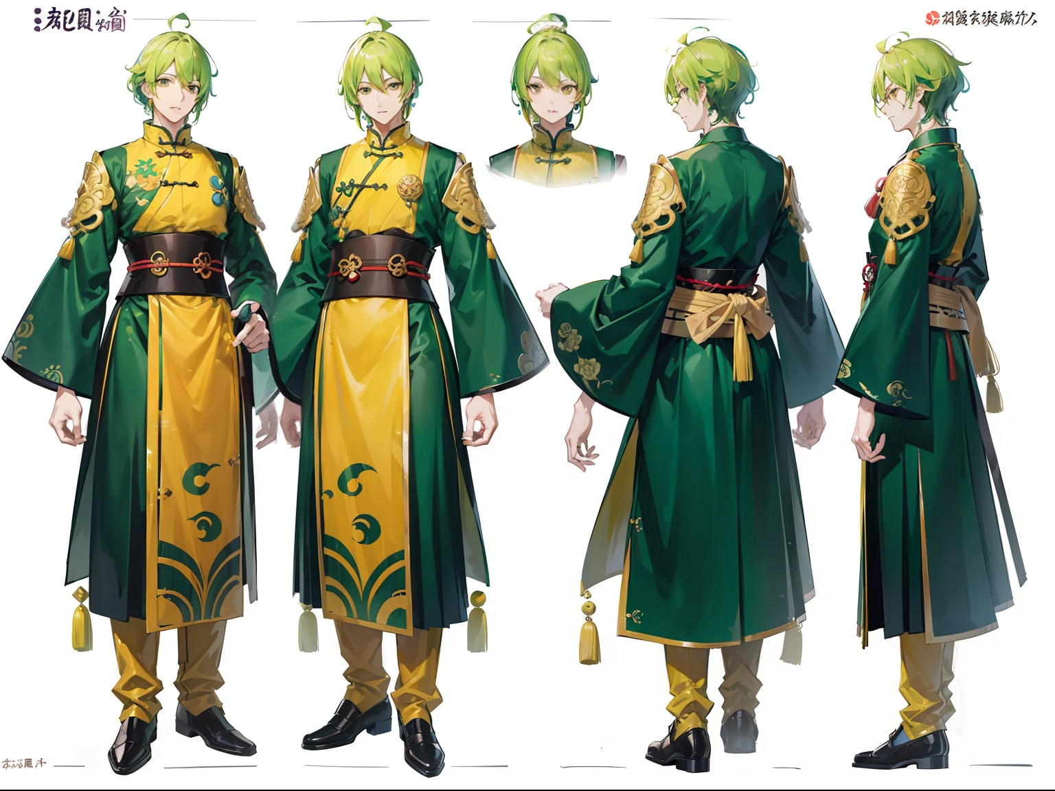 ((masutepiece, Highest Quality)), Detailed face, CharacterDesignSheet, full body Esbian, full of details, Front Body View, Rear Body View, Highly detailed, Depth, many parts, long yellow-green hair,Handsome man, traditional Chinese clothing, GenshinImpact, A tall man