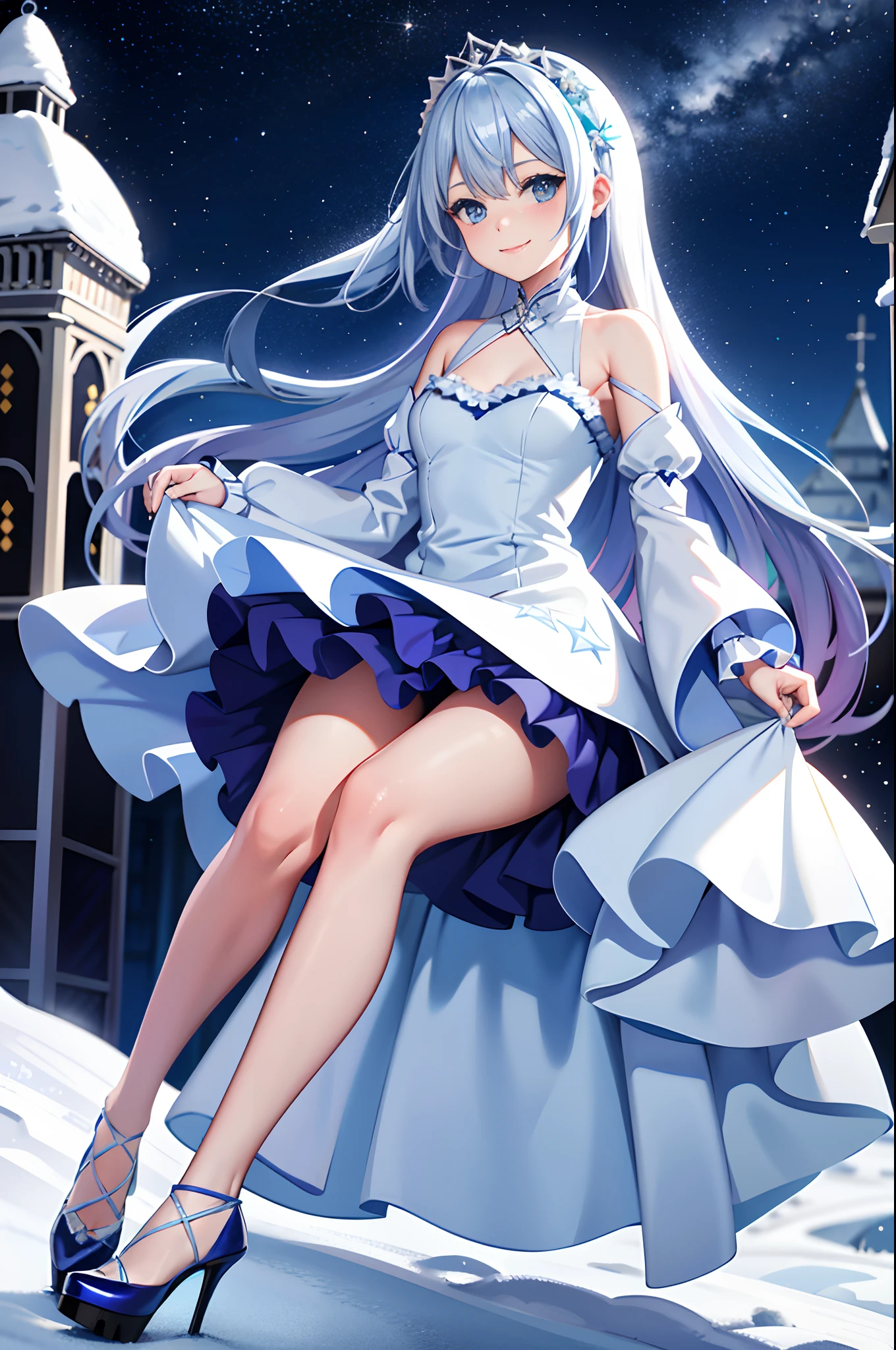 A girl,adorable smiling、long, flowing blue hair,Blue gradient hair color,Wear a gorgeous lilac Lolita dress,high-heels、snowscape、Behind it is a silvery-white castle covered in snow,night starly sky,meteor shower,Galactic,Delicate facial features,Delicate costume depiction