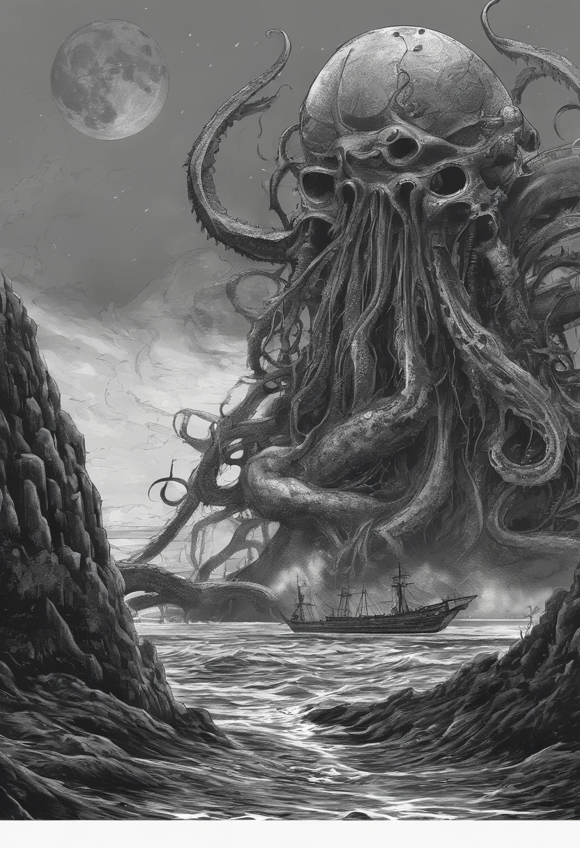kraken, giant villainous squid shipwreck consuming humans under nightmare moon
