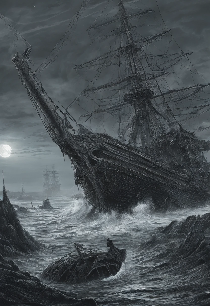 kraken, giant villainous squid shipwreck consuming humans under nightmare moon