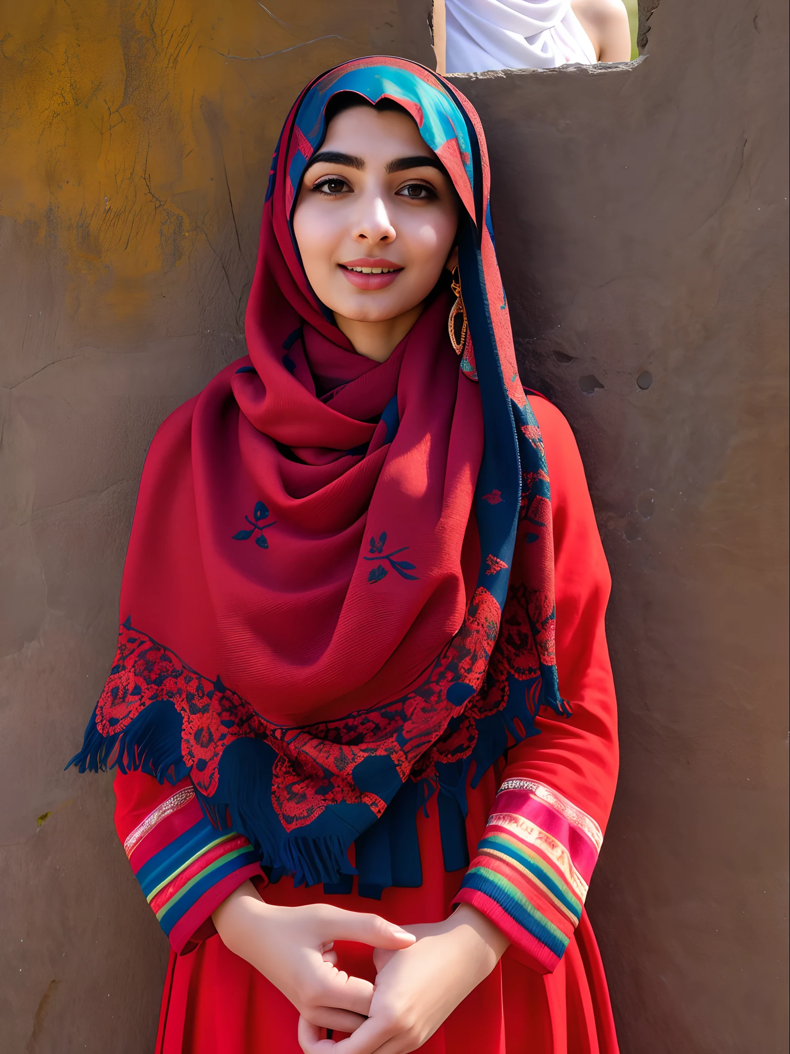 arafed woman in a blue scarf and red dress standing in front of a wall, young middle eastern woman, sara ali, photo of a woman, portait image, arab ameera al-taweel, yan morala, photo of young woman, mid shot portrait, inspired by Bouchta El Hayani, a wide full shot