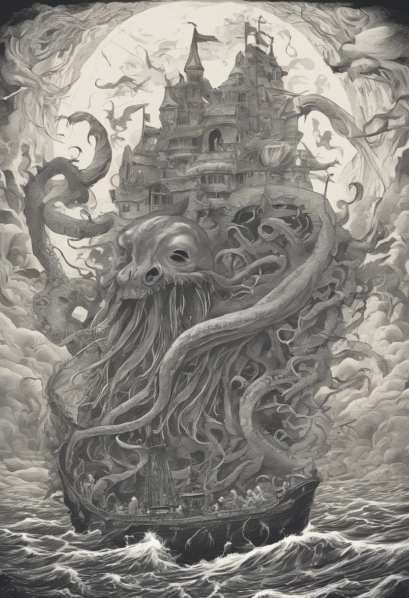 kraken, giant villainous squid shipwreck consuming humans under nightmare moon