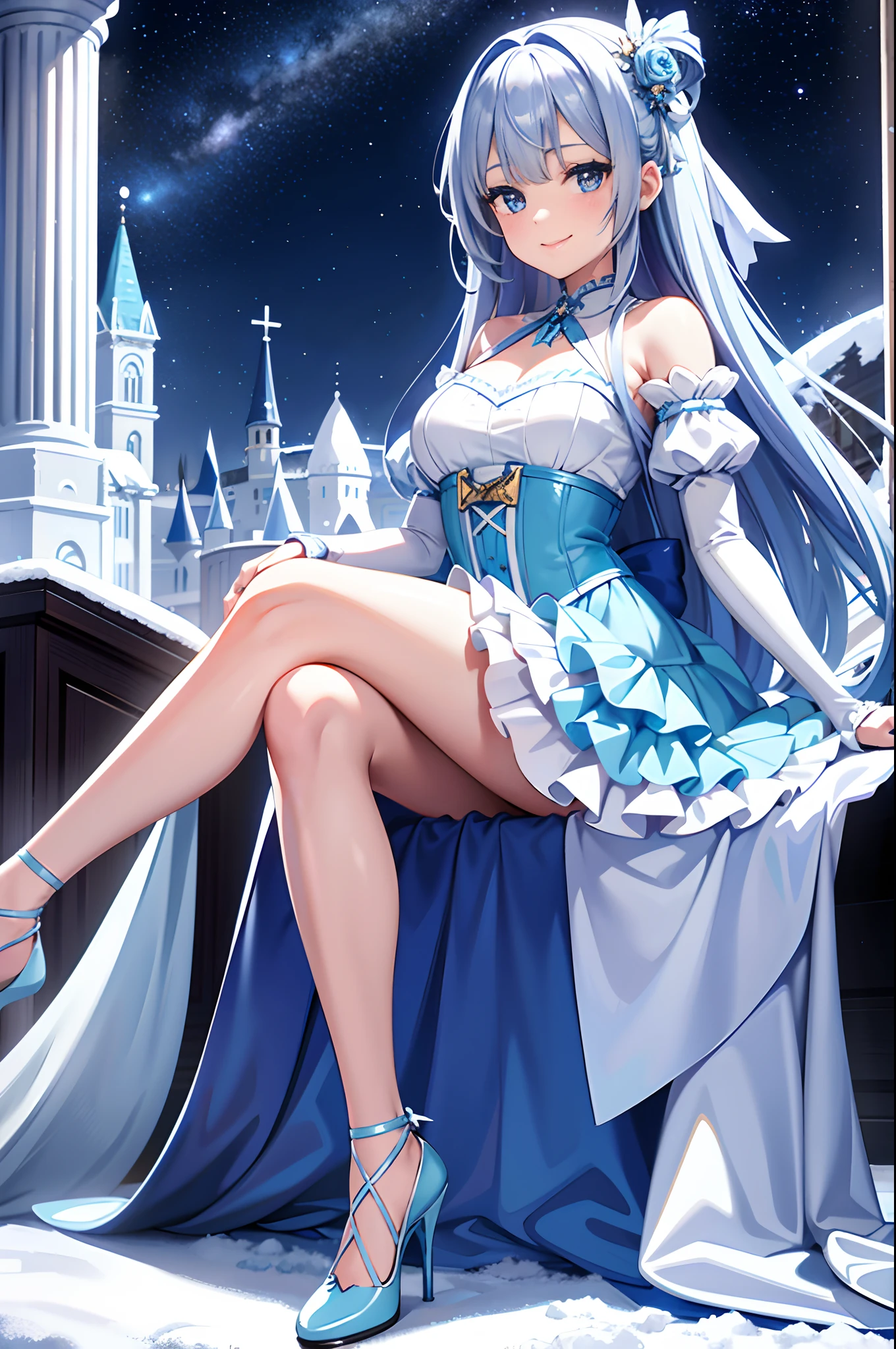 A teenage girl,adorable smiling、long, flowing blue hair,Blue gradient hair color,Wear a gorgeous lilac Lolita dress,high-heels、snowscape、Behind it is a silvery-white castle covered in snow,night starly sky,meteor shower,Galactic,Delicate facial features,Delicate costume depiction