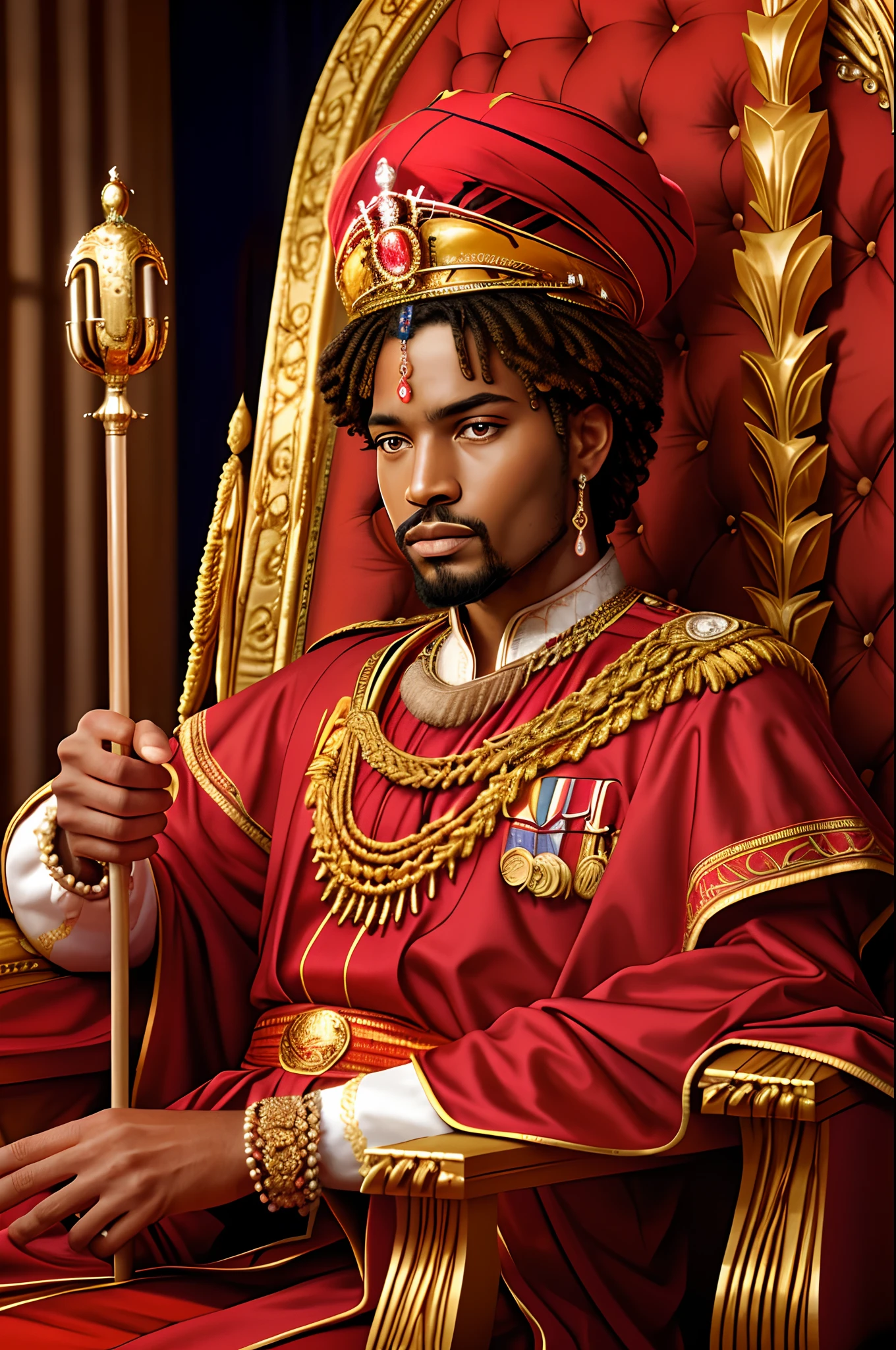 "African Royalty in 8K" - Create an awe-inspiring 8K photograph capturing the regal presence of an African king. Showcase the king dressed in opulent, intricately detailed attire, holding a scepter of authority. Use the Unreal Engine to bring out the utmost detail and realism in the image, making the viewer feel as if they are in the presence of royalty. The lighting should be dramatic, emphasizing the king's majestic aura, Photography, utilizing state-of-the-art techniques and equipment to create a highly detailed 8K photograph of the African king, --ar 16:9 --v 5