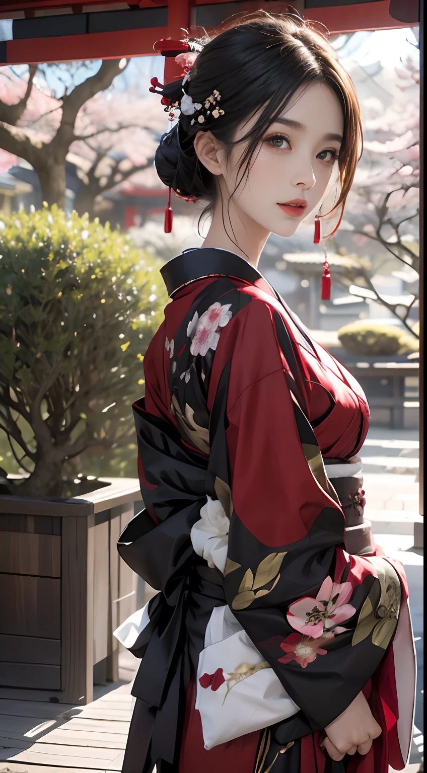 Japanese landscape、Wearing a black kimono、The cherry tree