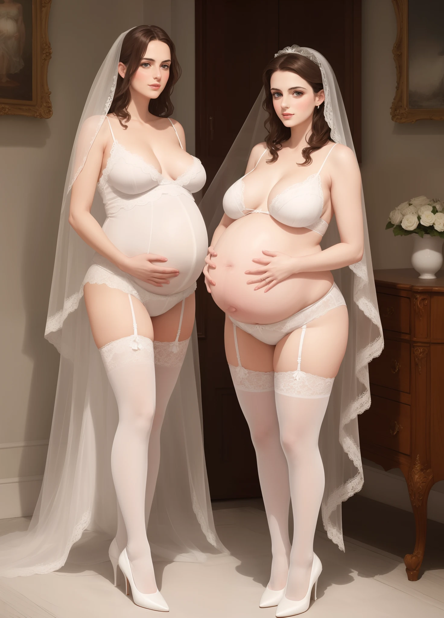 Italian young woman,Italian face,Delicate face,Firm big breasts,Rich in charm posture,slenderlegs,Pregnant women,White veil,White lace underwear,Colored stockings,White heels,tall and straight,Stand up