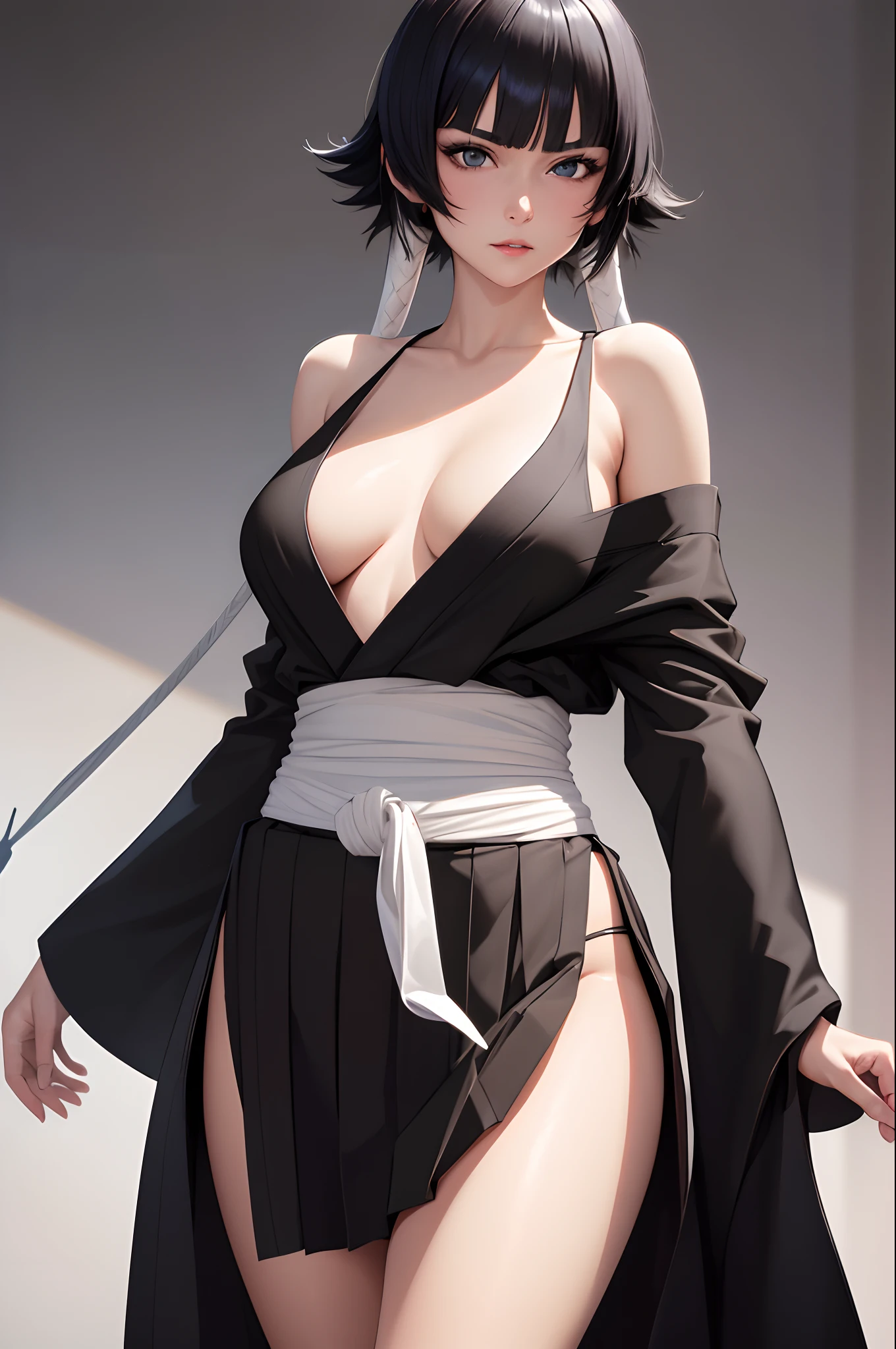 (Masterpiece), (Best quality), (Beautiful eyes and face), (Perfect female body), (Shiny skin), Off-the-shoulder attire，Close-up shot，sportrait，1girll, Solo, Black hair, Short hair, bobbed long hair, With gray eyes,black kimono, Sleeveless, white sash, Black hakama skirt, (Long skirt:1.2), cleavage