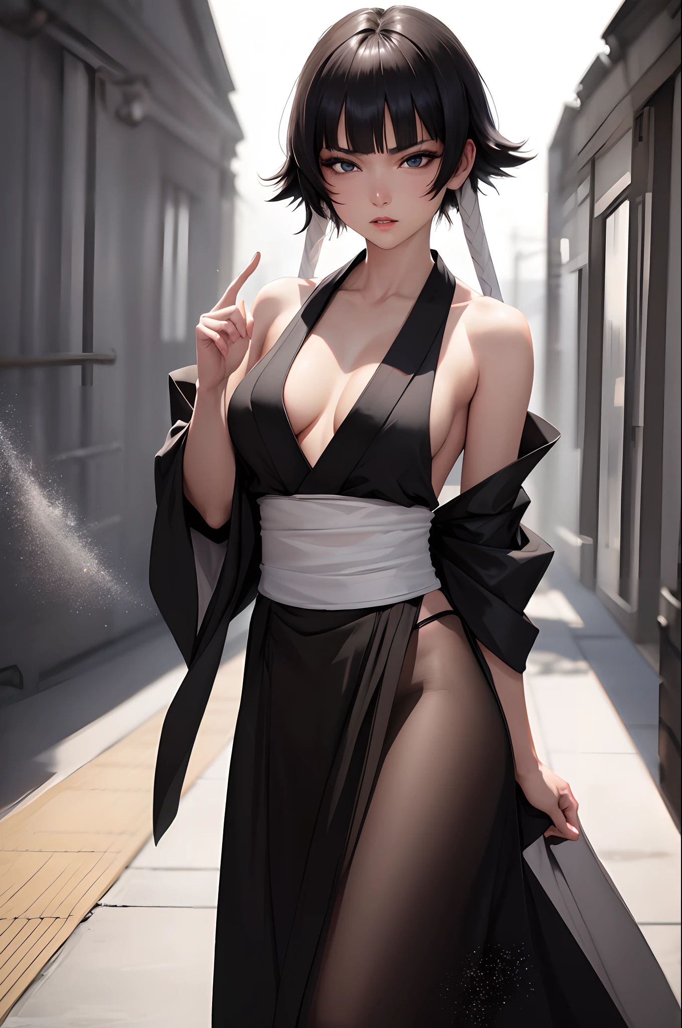 (Masterpiece), (Best quality), (Beautiful eyes and face), (Perfect female body), (Shiny skin), Off-the-shoulder attire，Close-up shot，sportrait，1girll, Solo, Black hair, Short hair, bobbed long hair, With gray eyes,black kimono, Sleeveless, white sash, Black hakama skirt, (Long skirt:1.2), cleavage