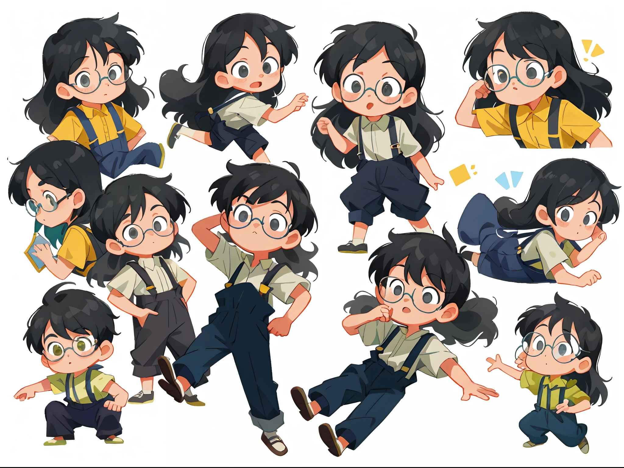 younge boy，multiple postures and expressions，Children's book illustration style，، simple，adolable，full-color，Black suspenders，eye glass，Long hair dark gray，flatcolors，